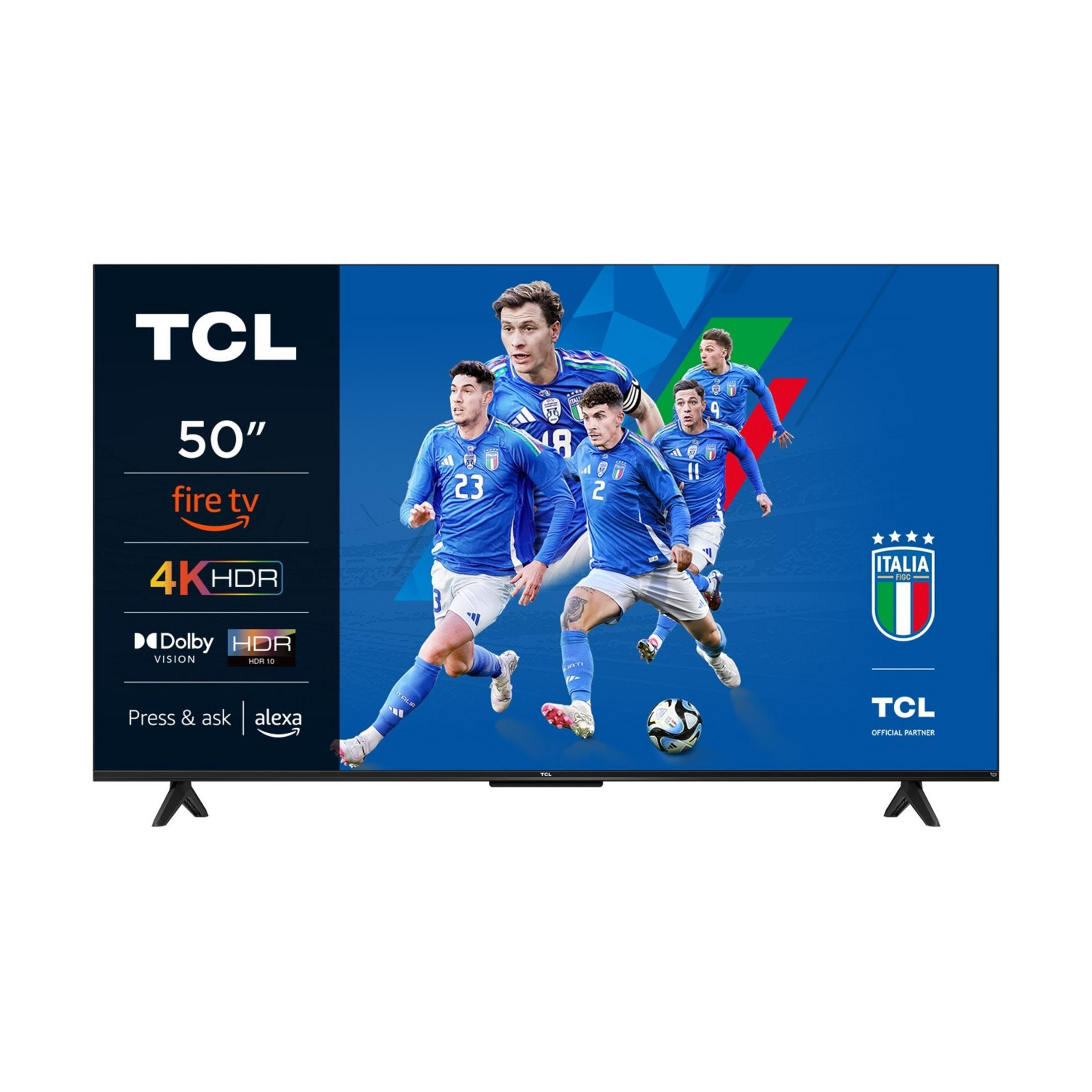 Telewizor TCL 50 cali z włoskimi piłkarzami na ekranie.