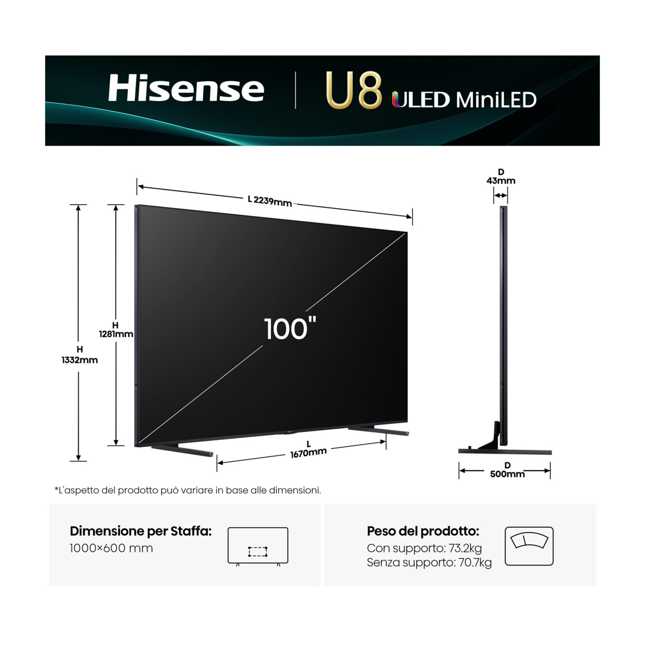 TV Hisense U8 ULED MiniLED, 100 pulgadas, con dimensiones y peso.