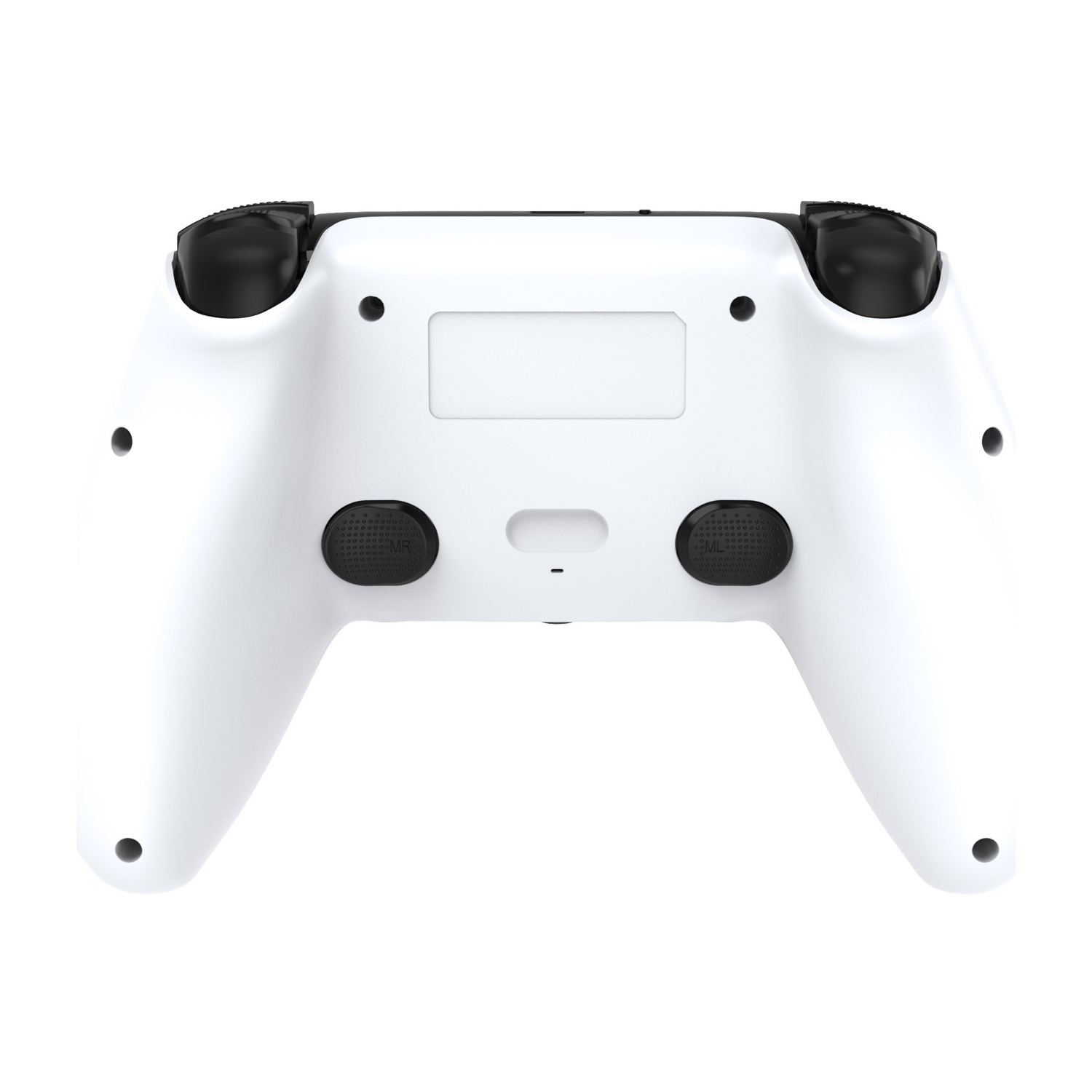 Controller bianco con accenti neri, vista posteriore con due pulsanti.
