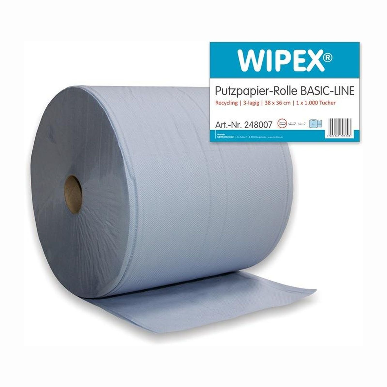 Eine Rolle blaues Putzpapier mit einem Etikett von WIPEX.
