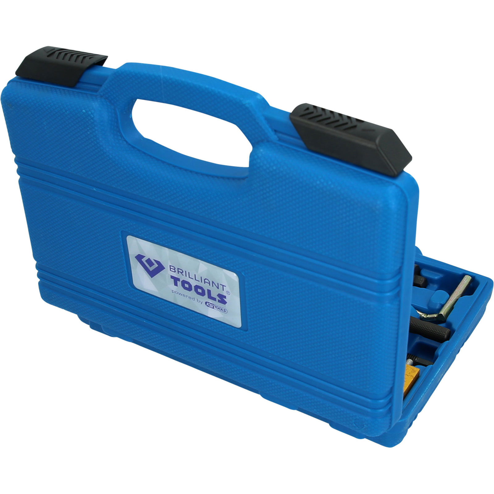 Blauer Werkzeugkasten mit Werkzeugen darin, geöffnet. Weißes Etikett mit „Brilliant Tools“.