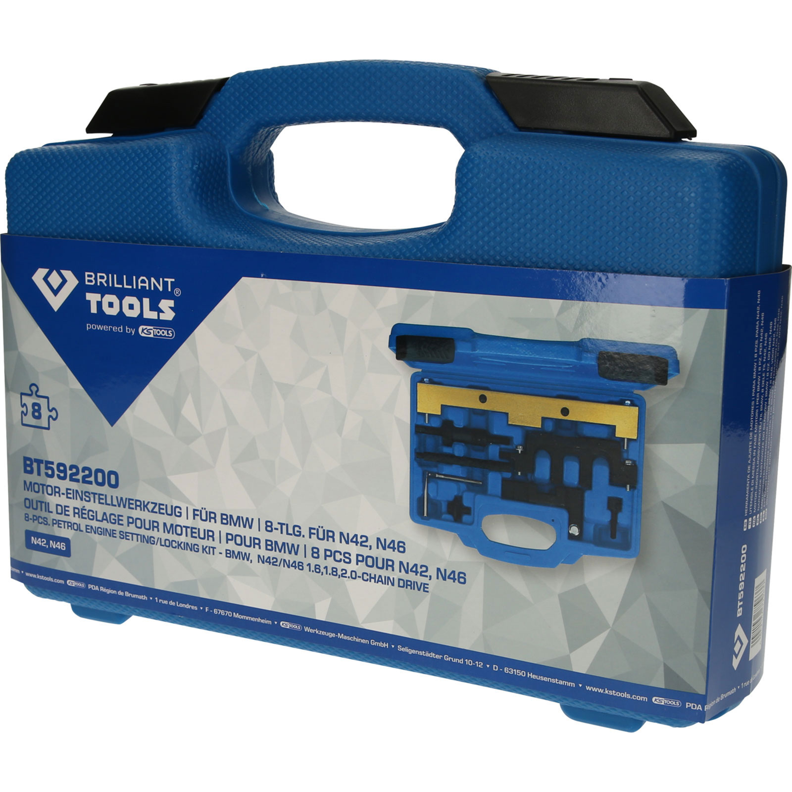 Blauer Werkzeugkoffer mit Brillliant Tools Logo und Motor-Einstellwerkzeug-Set.