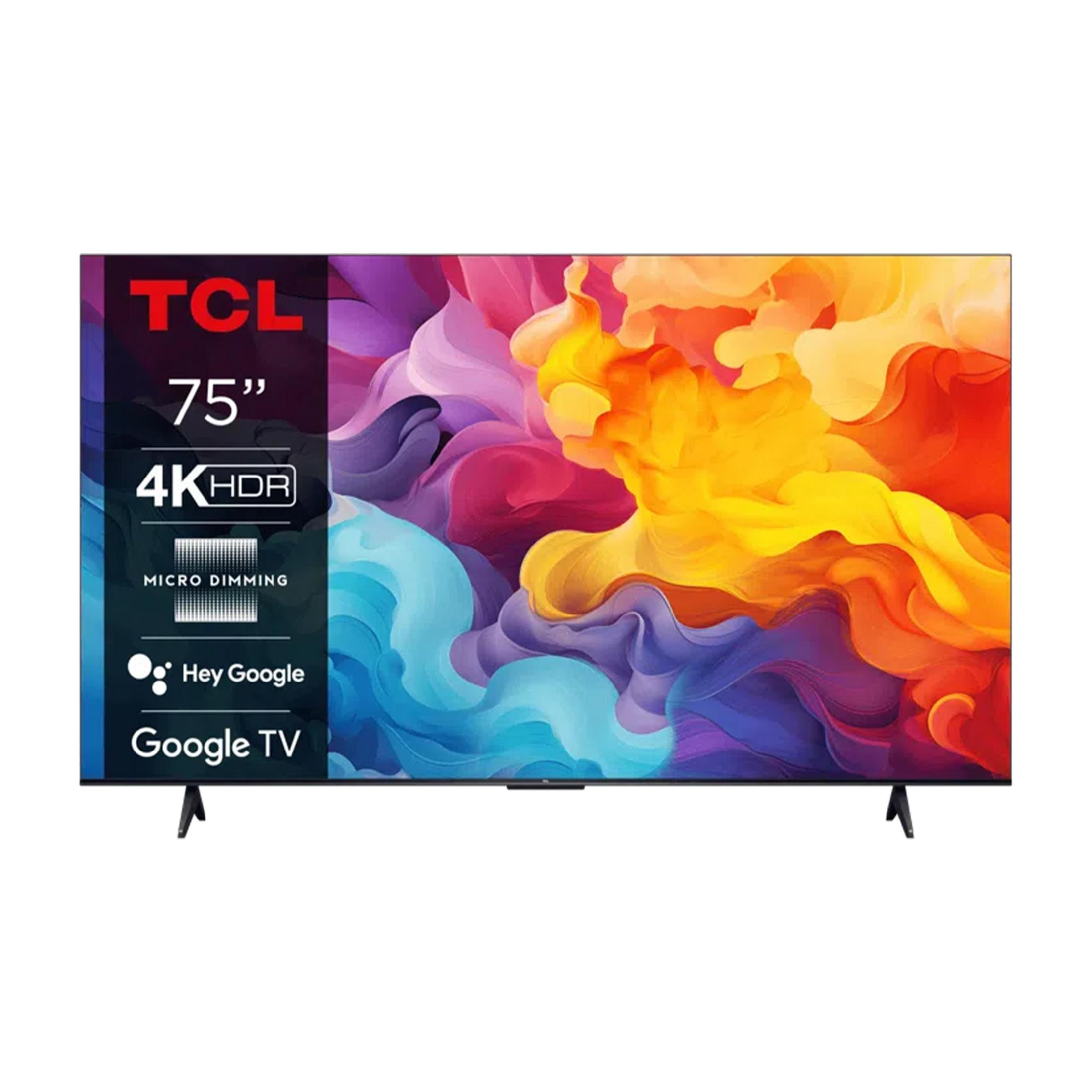 Una TV TCL 75 pollici 4K HDR con Google TV e grafica astratta colorata.
