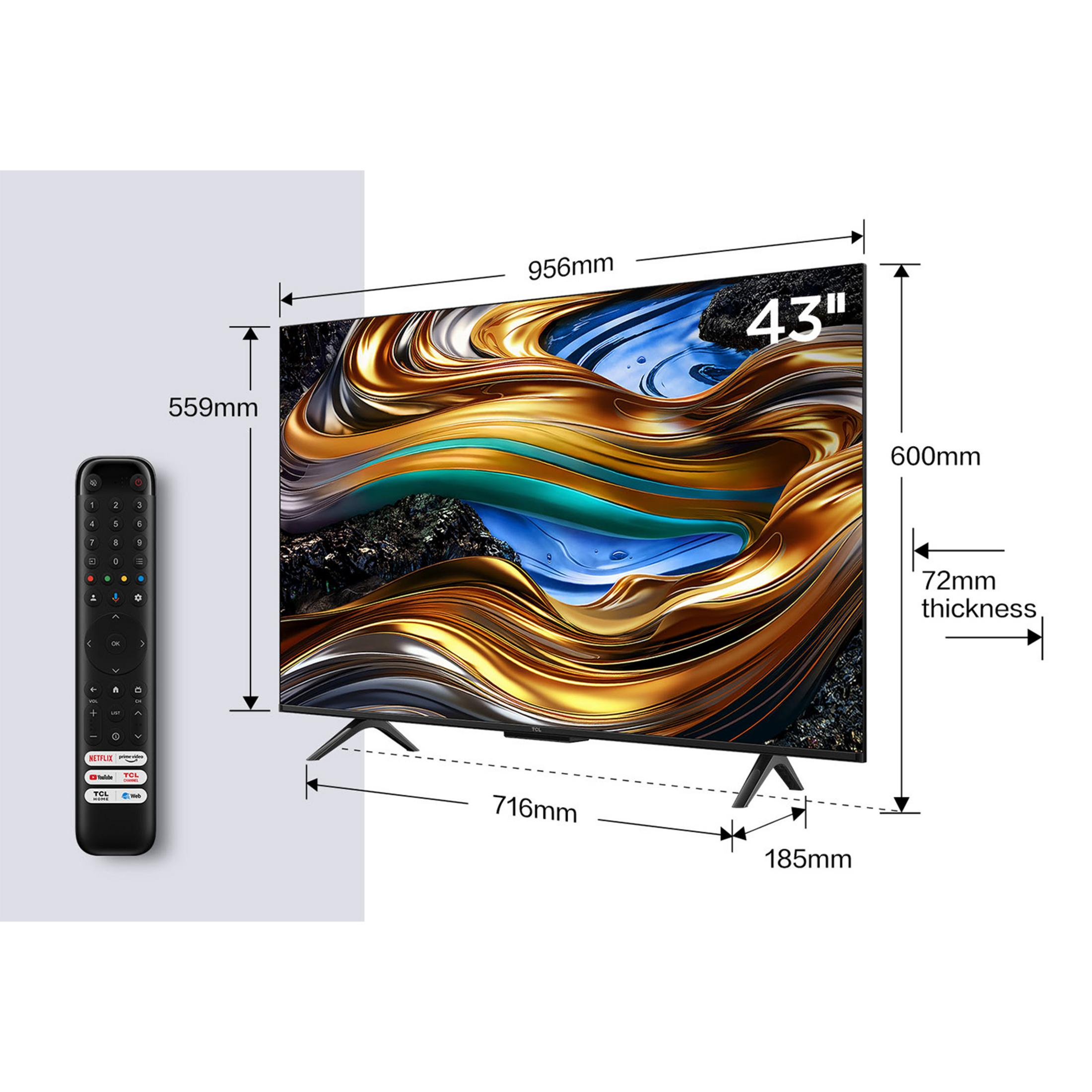 Un televisor de 43 pulgadas con diseño elegante, junto a un mando a distancia.
