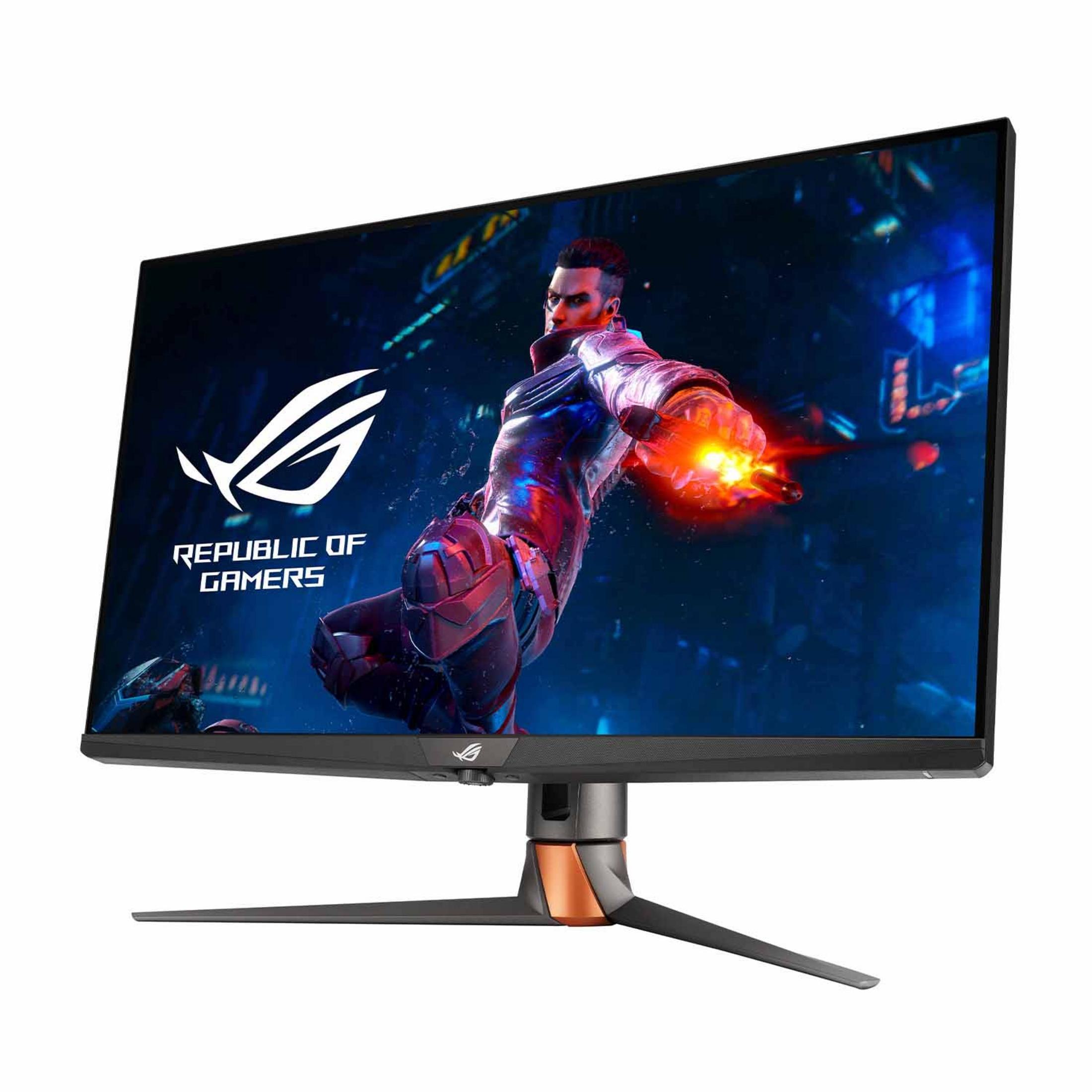 Monitor gamingowy z wojownikiem i logo ROG.