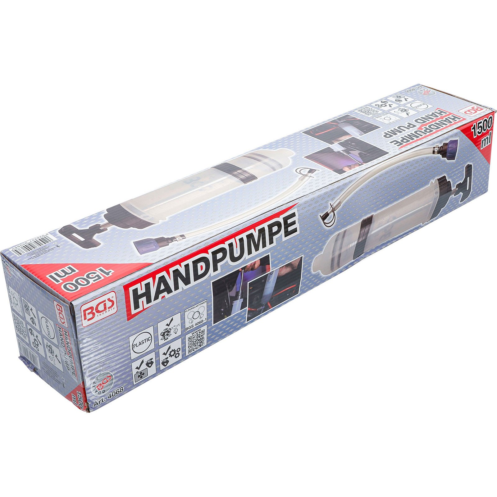 Verpackung einer 1500 ml Handpumpe von BGS technic.