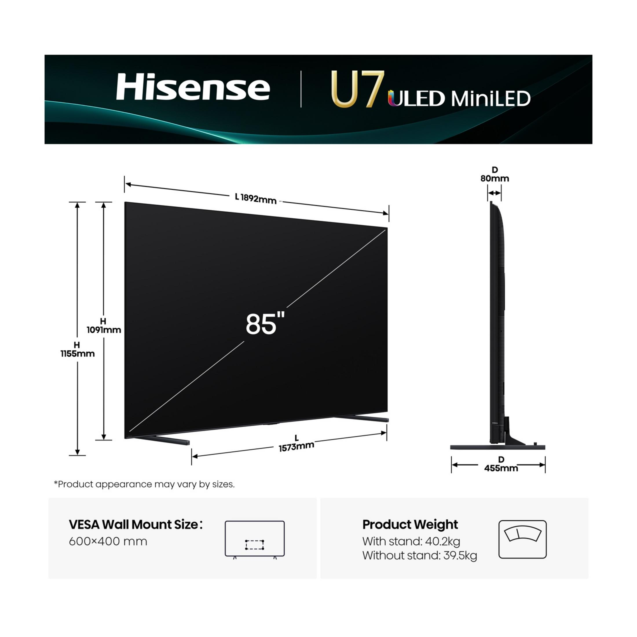 Disegno tecnico di un TV Hisense da 85 pollici con dimensioni e peso.