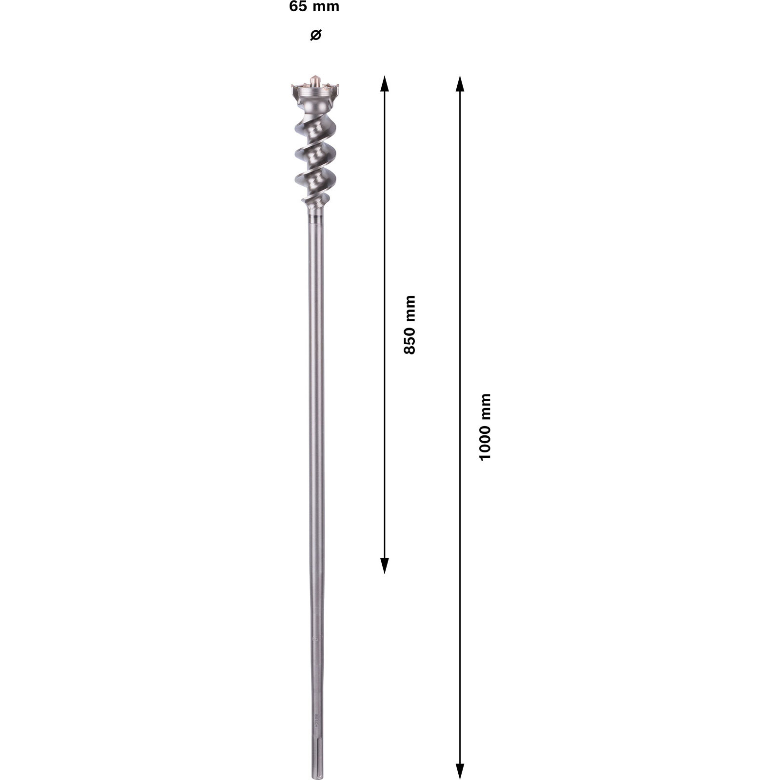 Bohrkrone mit 65mm Durchmesser und 850mm Länge, Gesamtlänge 1000mm.