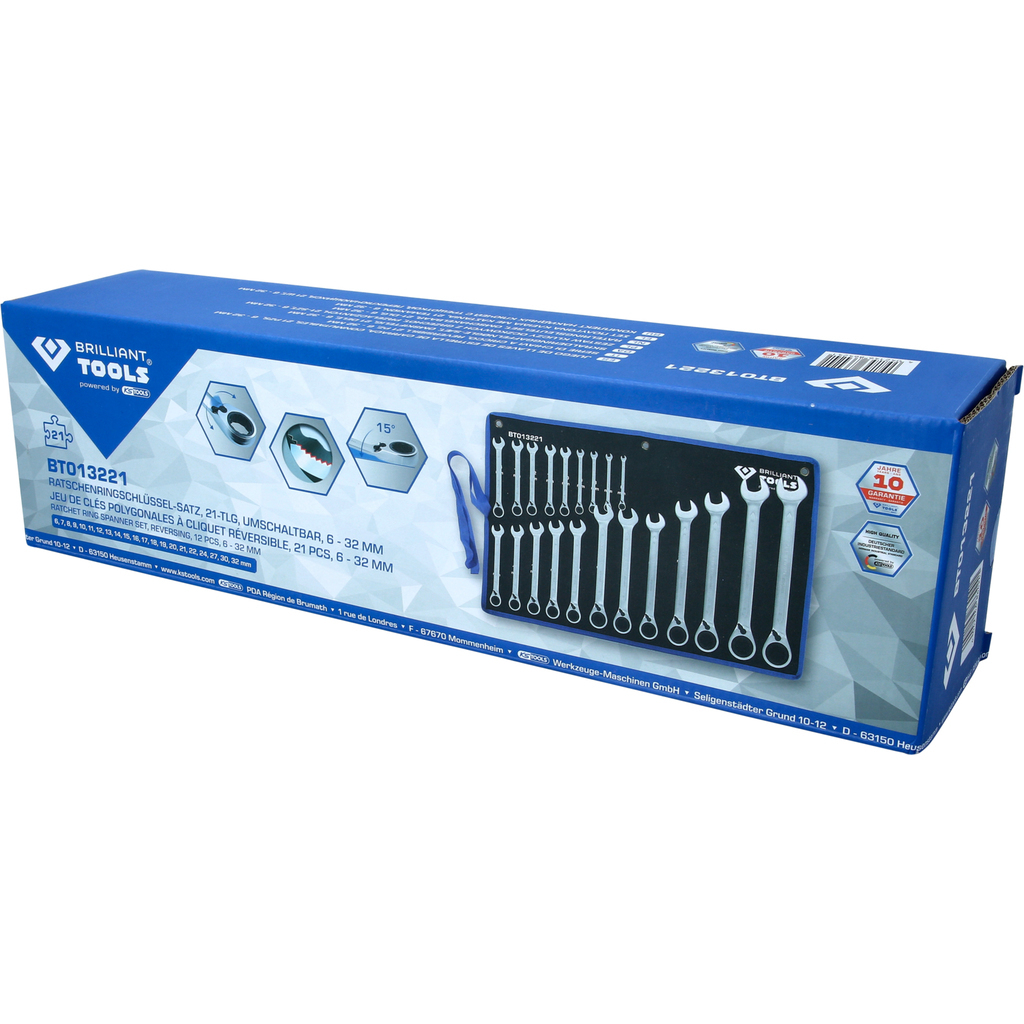 Blaue Box mit Werkzeugset für Ratschenschlüssel, 21 Teile, 6-32mm.