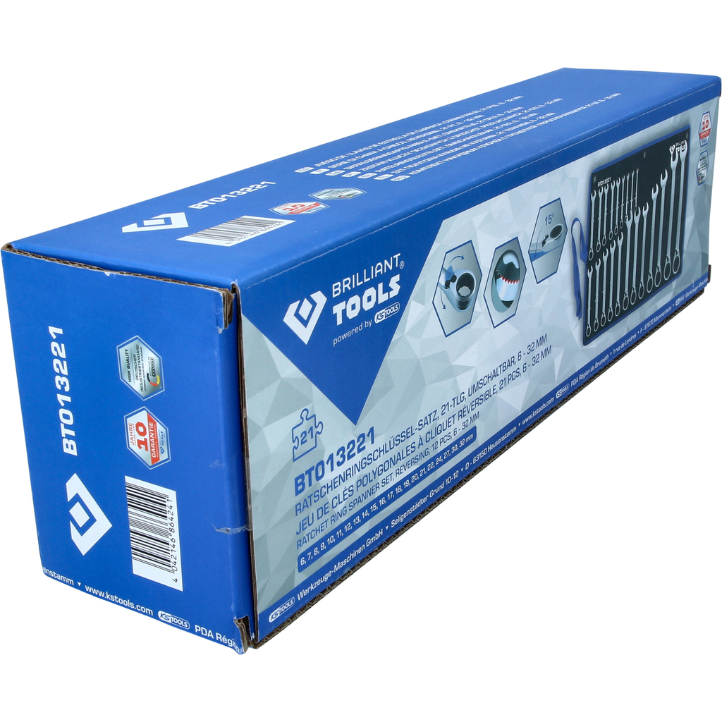 Blauer Karton mit Werkzeug-Aufdruck, ein Satz Ratschenschlüssel von Brilliant Tools.