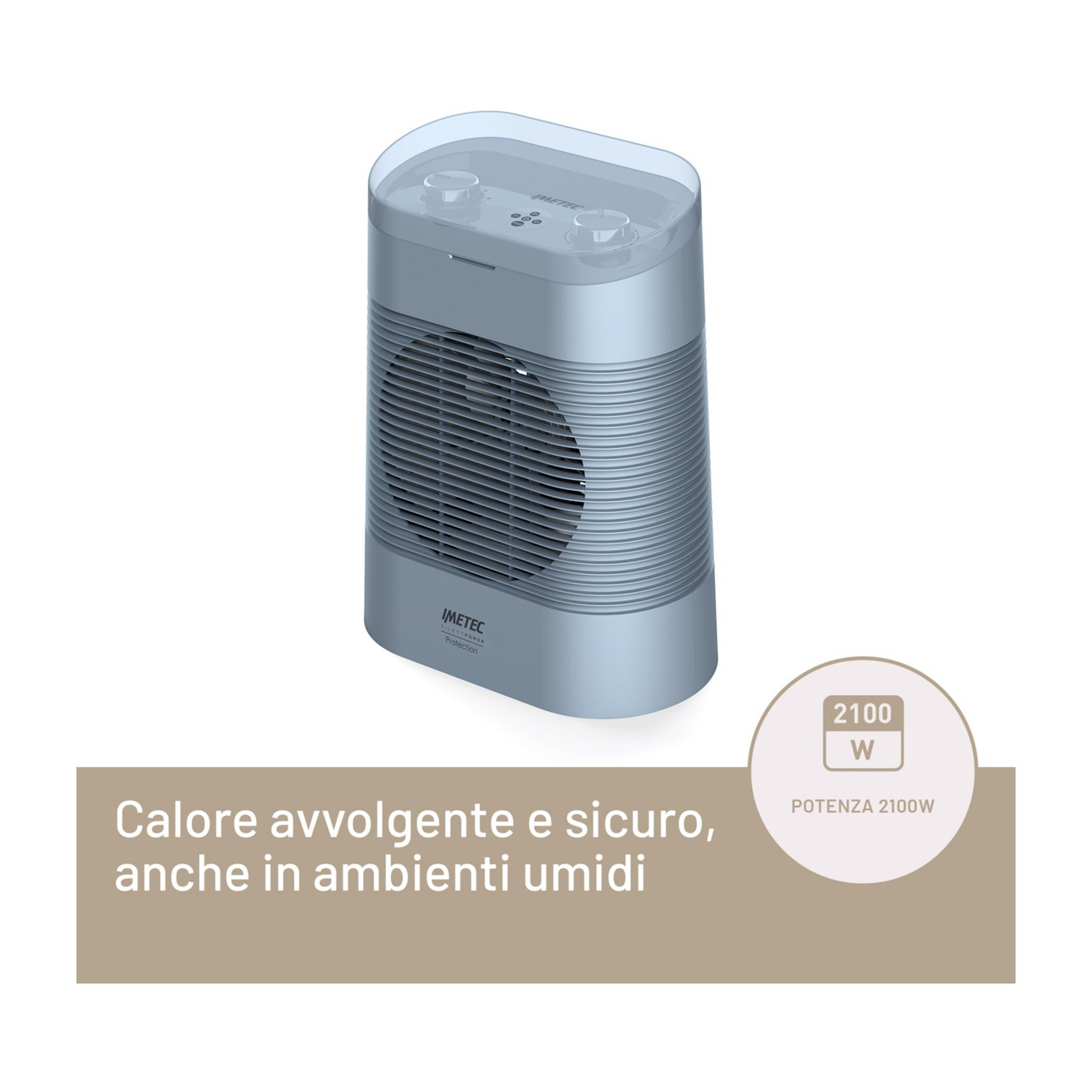 Szara nagrzewnica z otworami wentylacyjnymi i pokrętłami, moc 2100W.