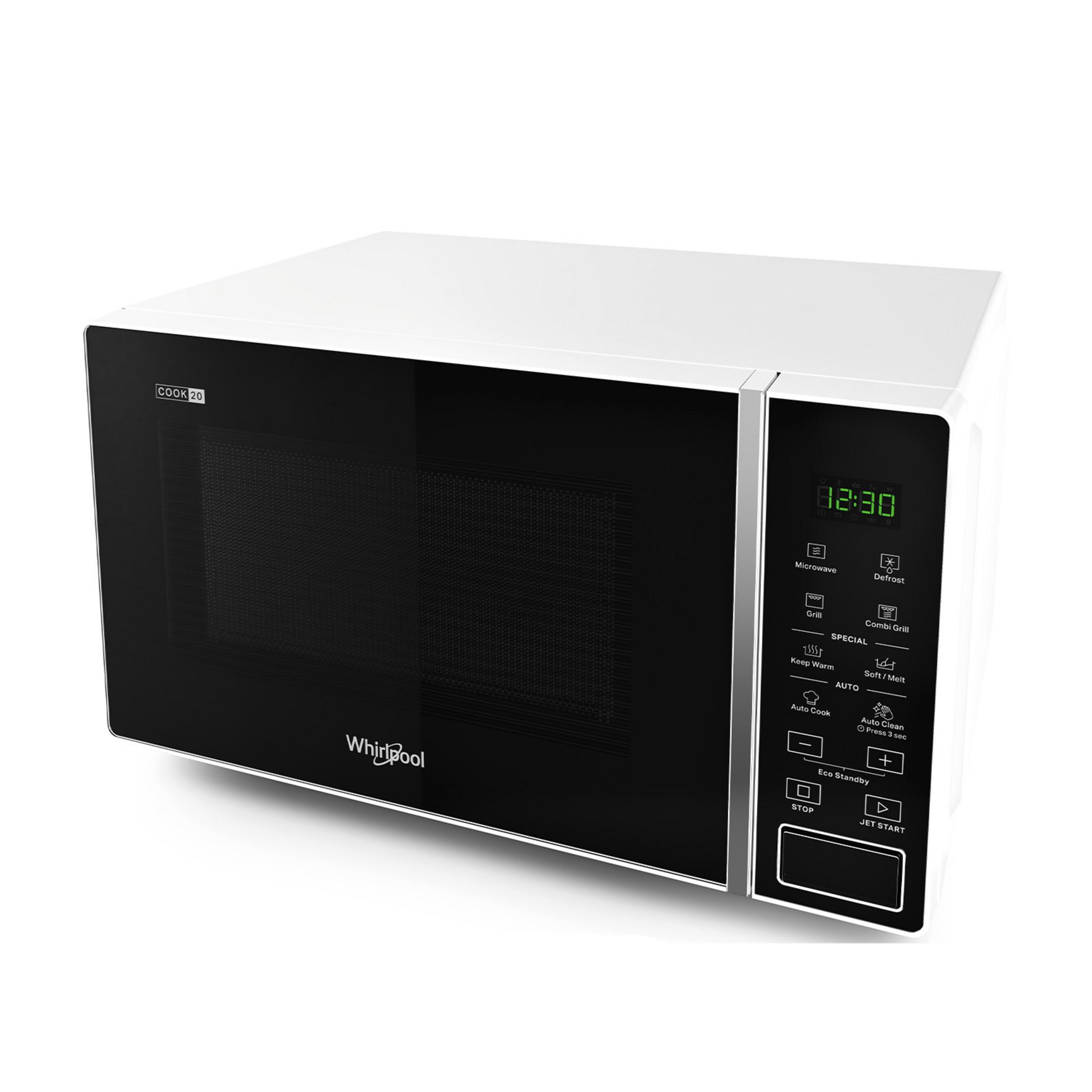 Nowoczesna biała kuchenka mikrofalowa Whirlpool z czarnymi drzwiami i panelem sterowania.