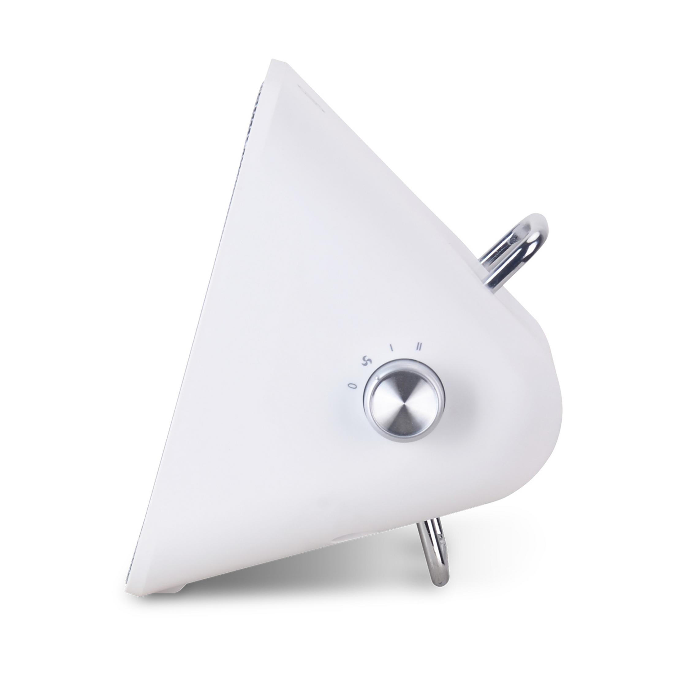 Białe urządzenie ze srebrnym pokrętłem i metalowymi nóżkami.