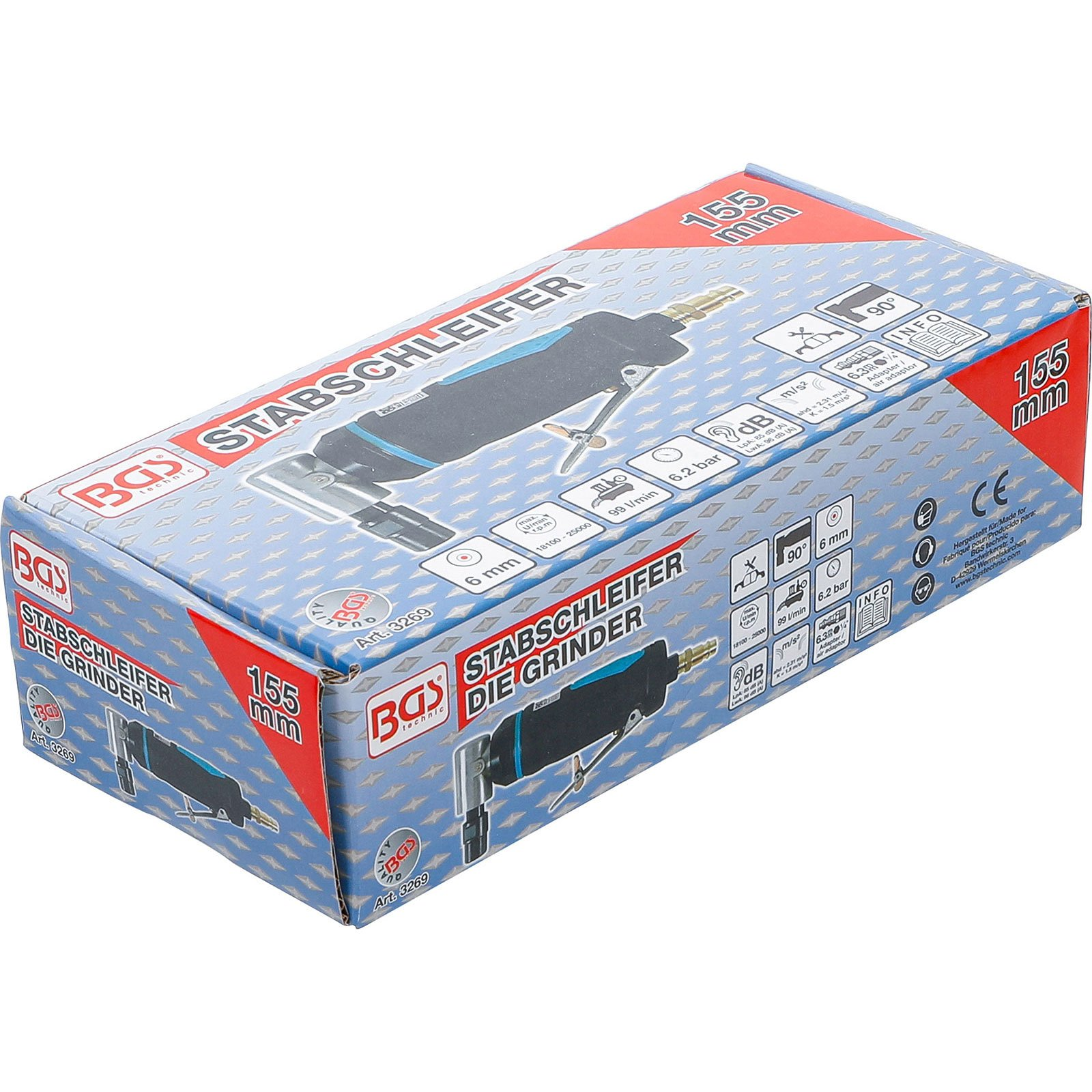 Verpackung eines BGS Stabschleifers mit technischen Daten und CE-Zeichen.
