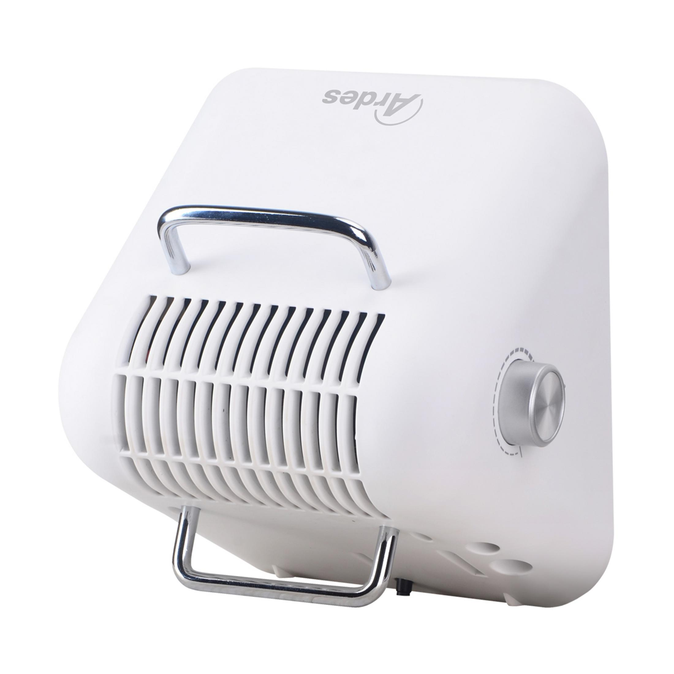 Biały grzejnik Ardes z srebrną rączką i pokrętłem.