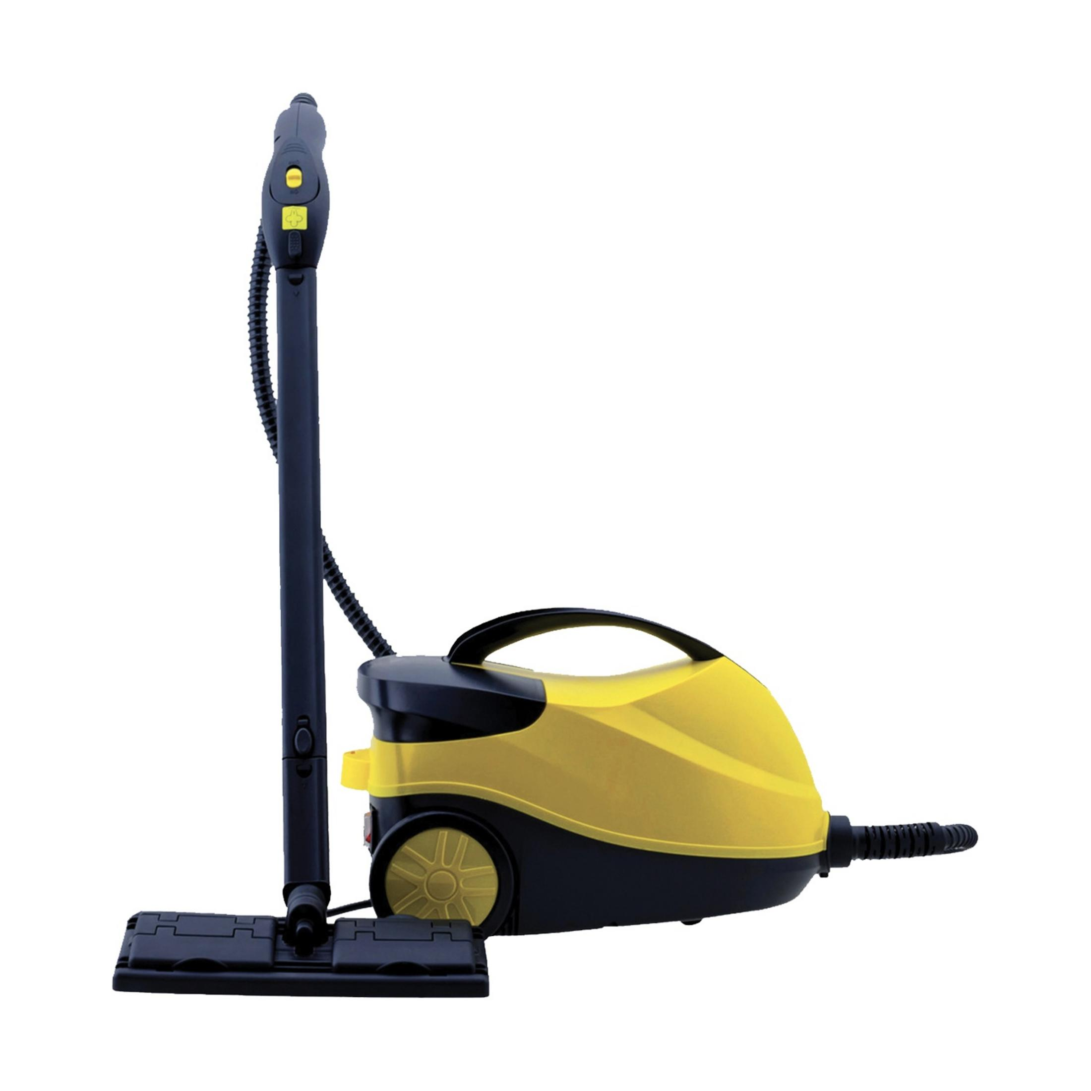 Żółty i czarny odkurzacz parowy z wężem i dyszą na białym tle.