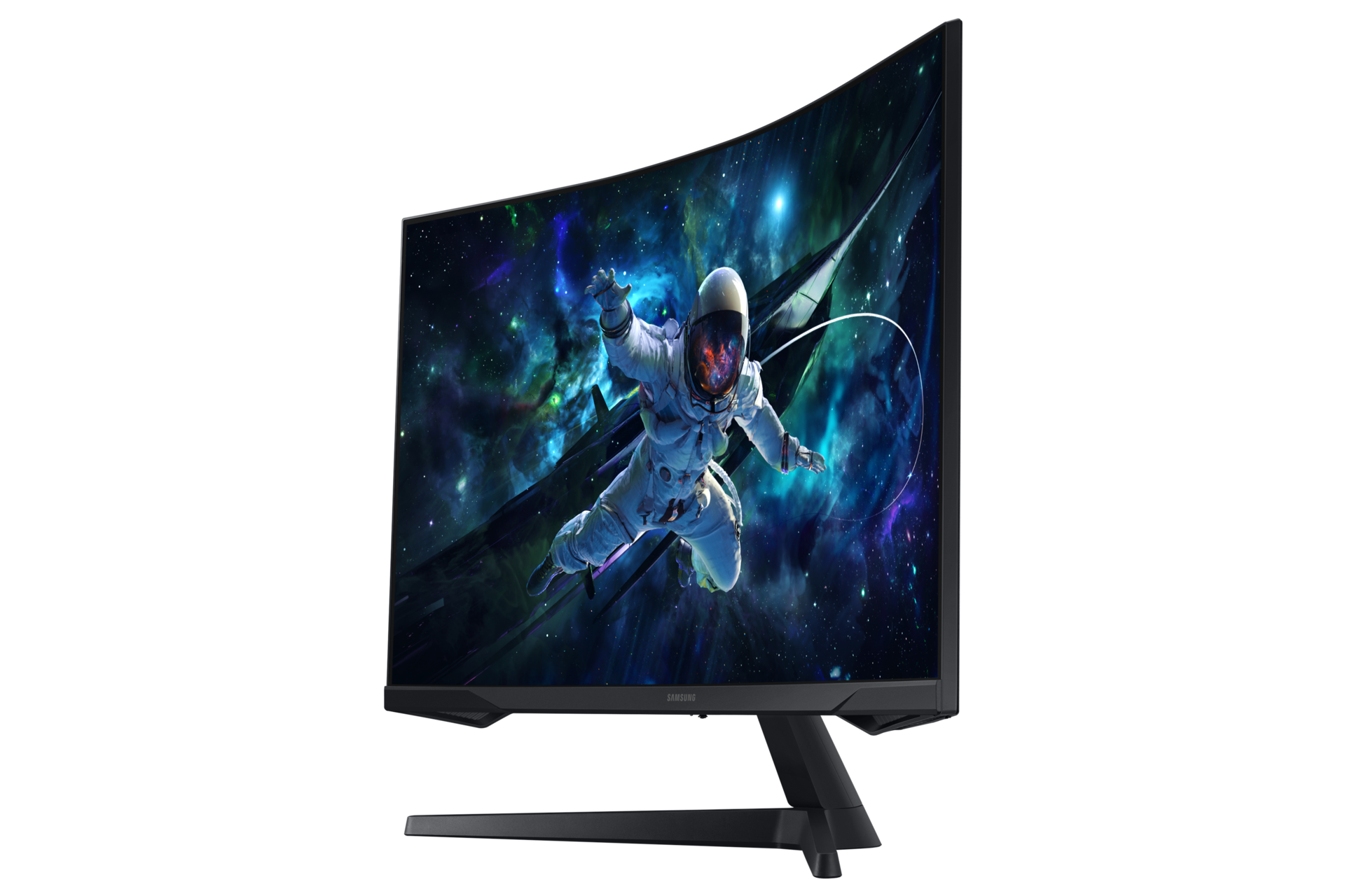 Astronauta unosi się przed kosmiczną sceną z mgławicami i gwiazdami.