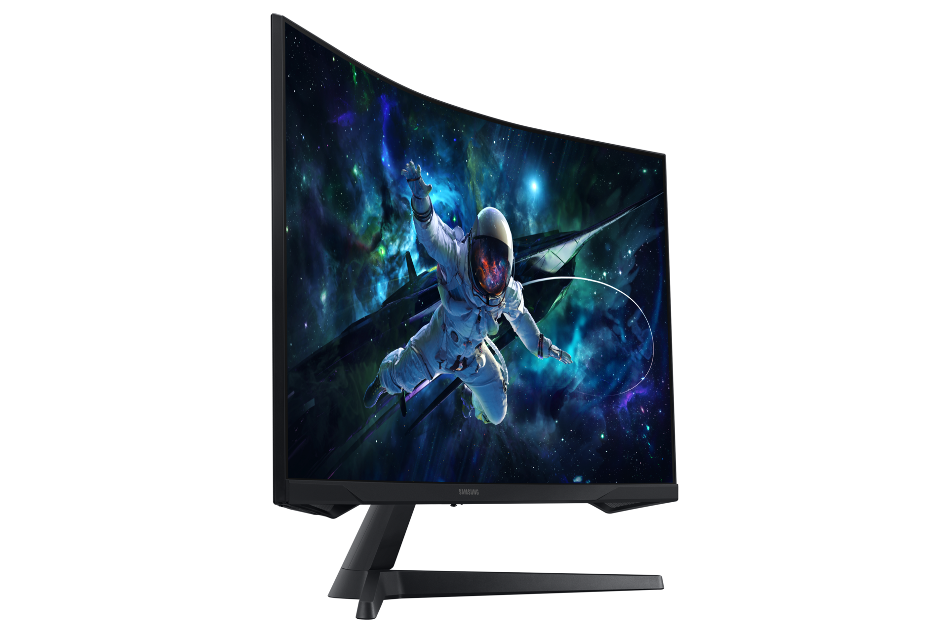 Astronauta unosi się na tle kosmosu z mgławicami i gwiazdami.