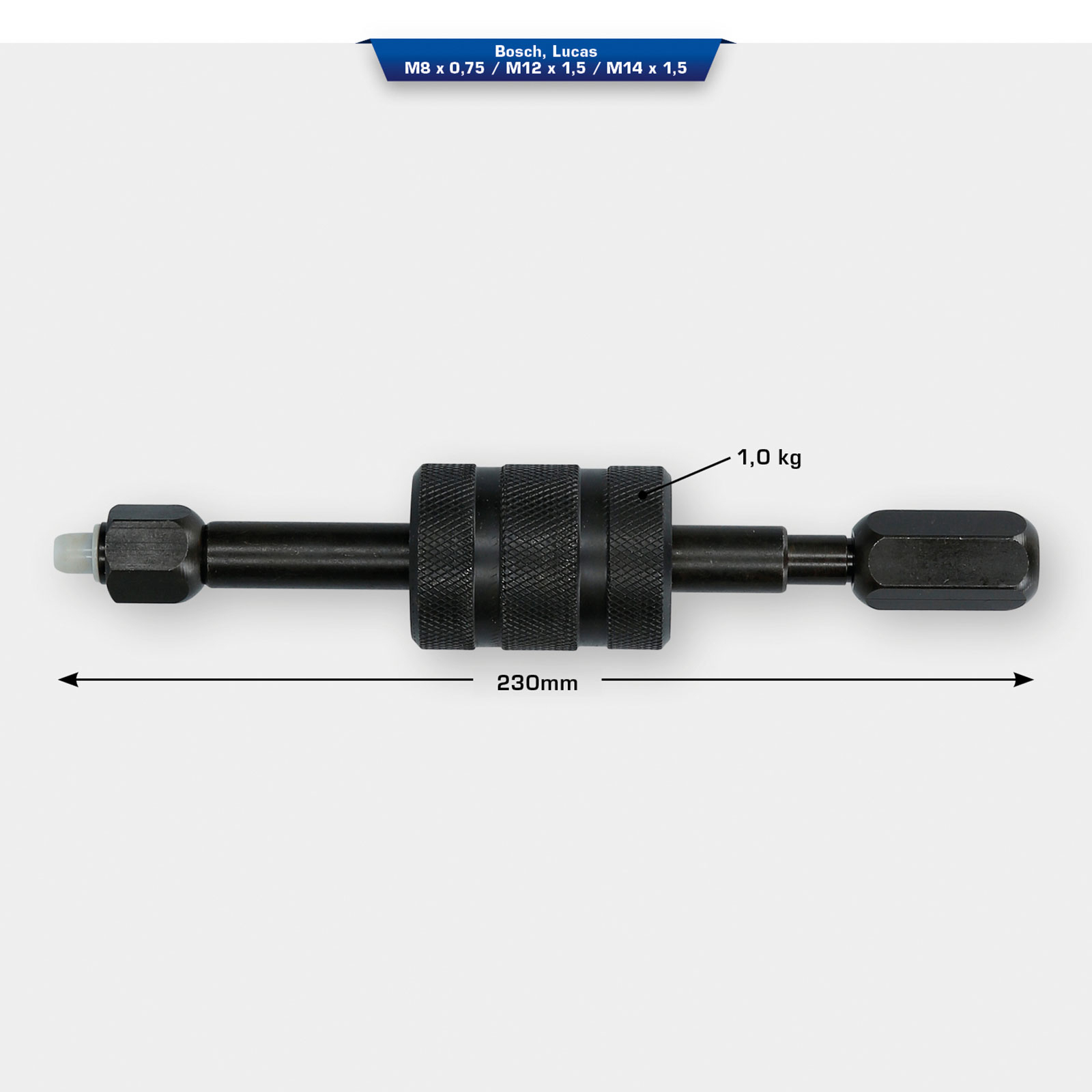 Ein schwarzes Werkzeug mit gerändelten Griffen, 230mm lang, wiegt 1,0 kg.