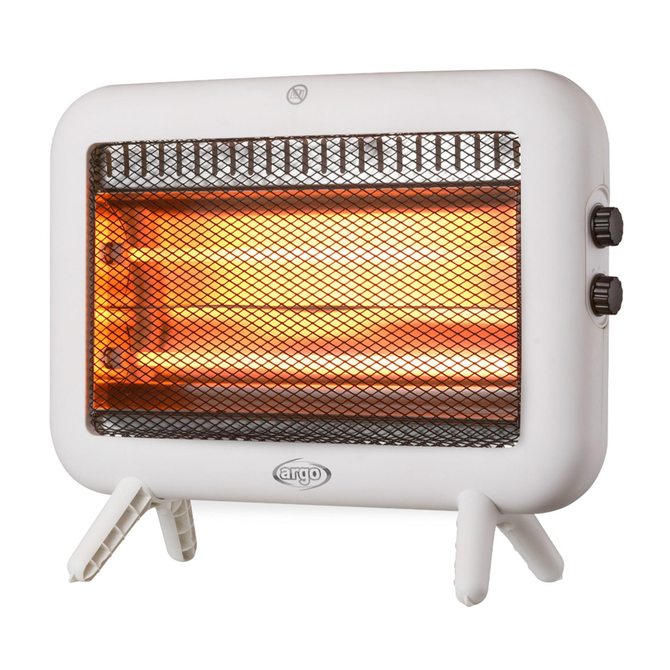 Biały grzejnik promiennikowy z żarzącymi się elementami grzewczymi i czarnymi gałkami.