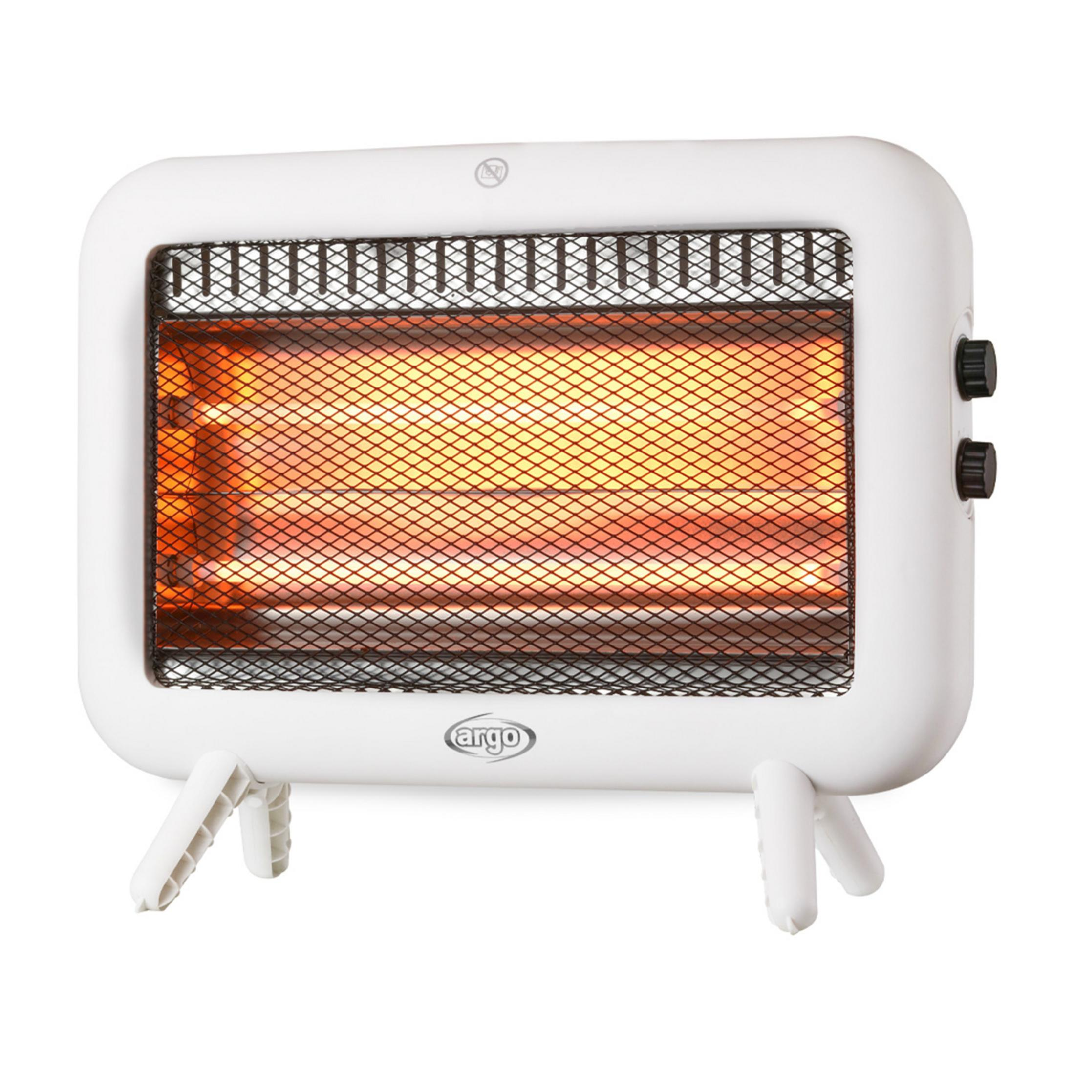 Biały grzejnik konwektorowy z żarzącymi się elementami grzewczymi i czarną kratką.