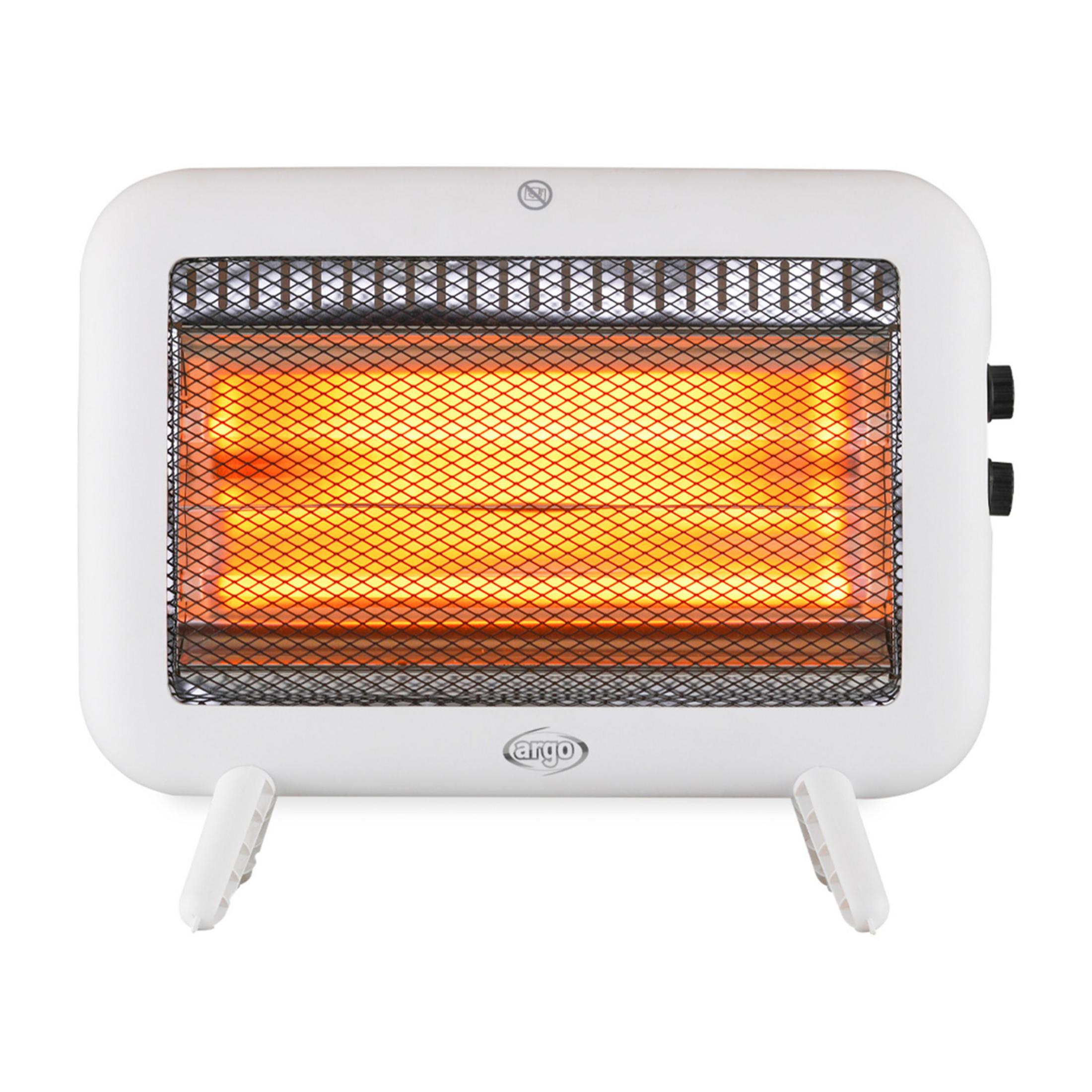 Biały grzejnik konwektorowy z żarzącymi się elementami grzewczymi za czarną kratką.