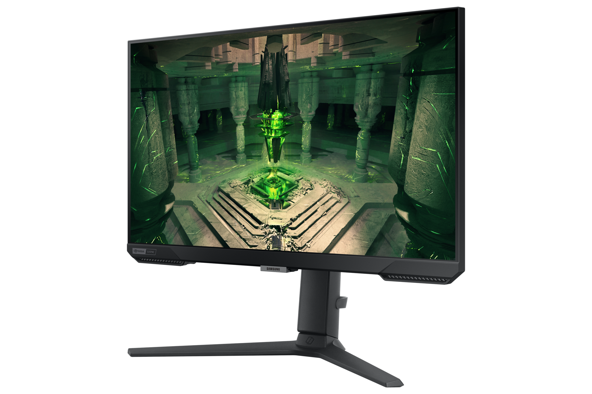 Een gaming monitor toont een futuristische, groene kamer met pilaren en een centraal object.