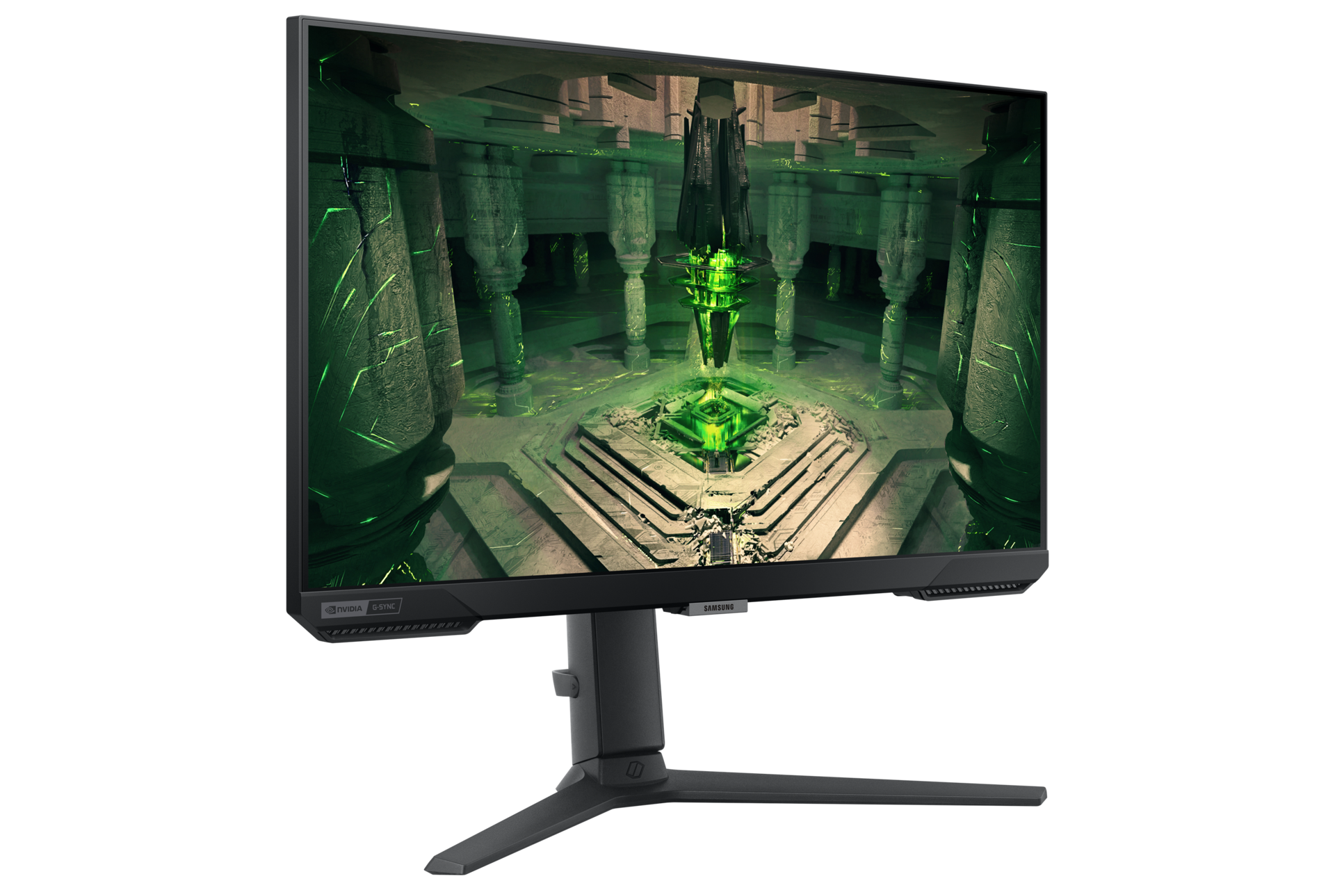 Een gaming monitor toont een duistere, groene cyberpunk-scène met pilaren en een centraal object.