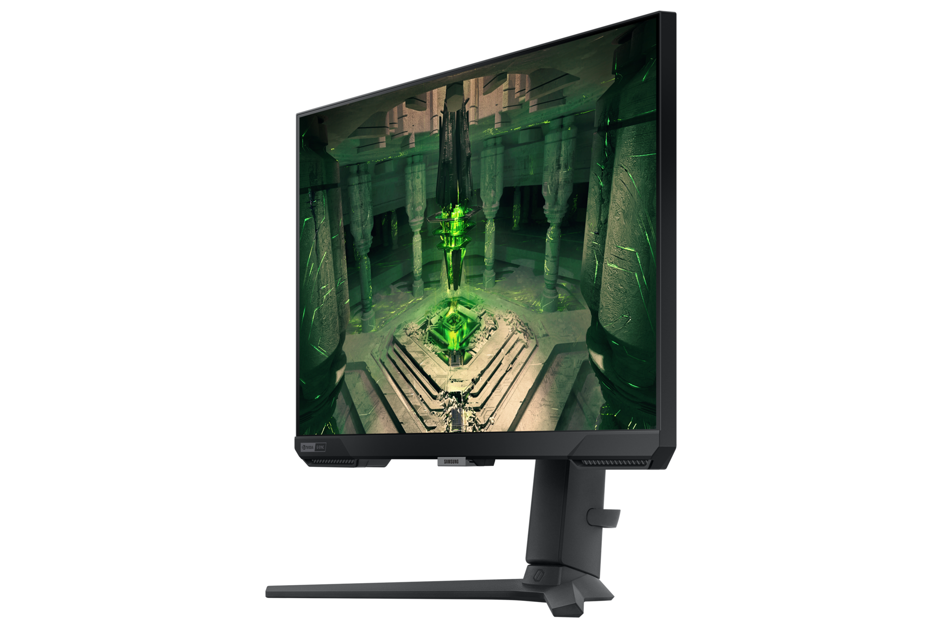 Een futuristische monitor toont een gloeiende groene scène met pilaren en een centraal object.