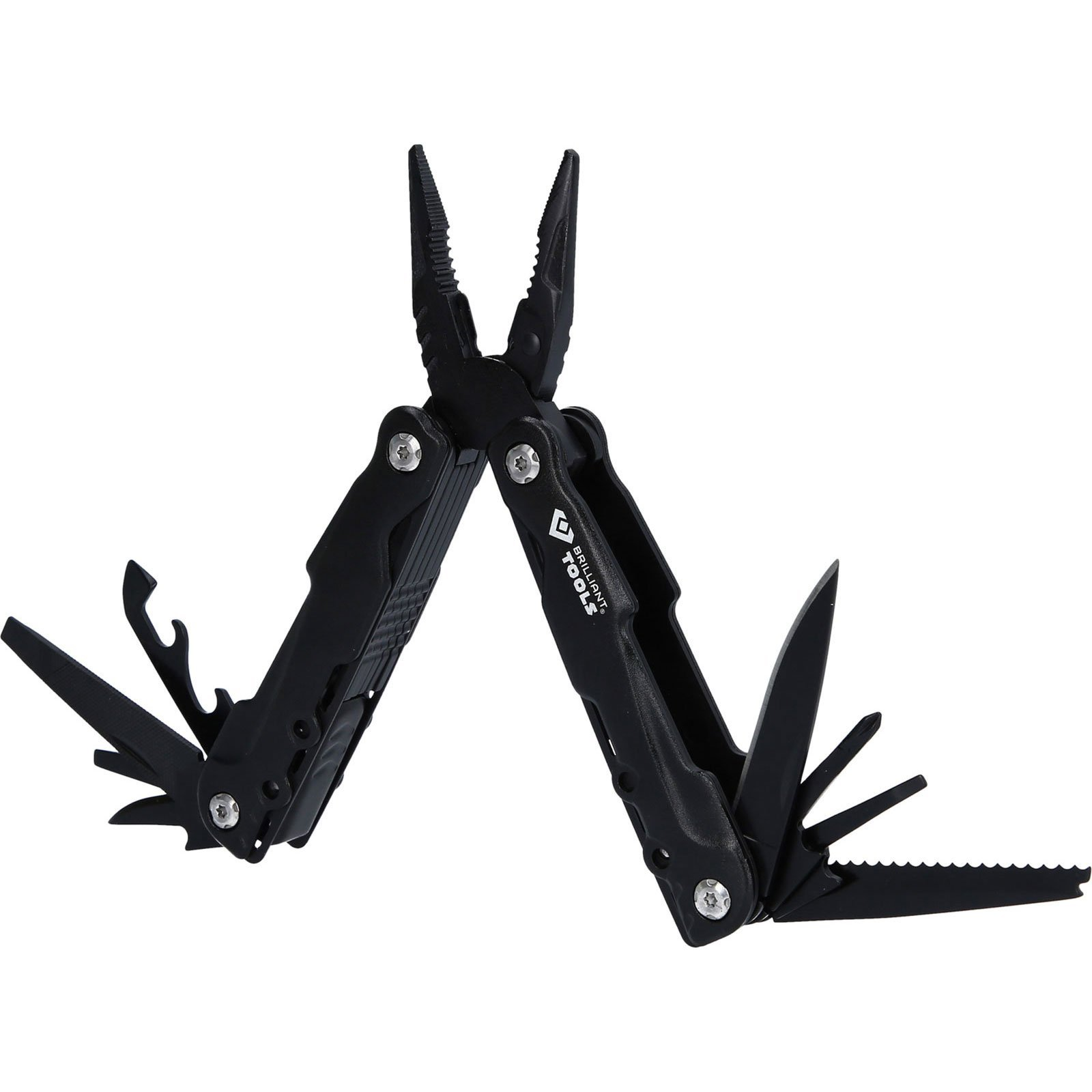Ein schwarzes Multitool mit geöffneten Zangen, Messer und Säge.
