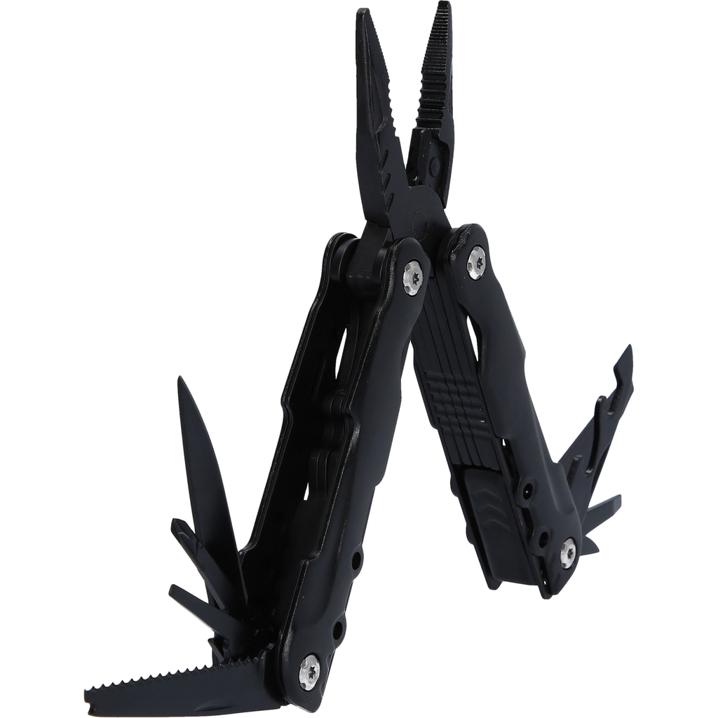 Ein schwarzes Multitool mit ausgeklappten Zangen, Messer und Säge.