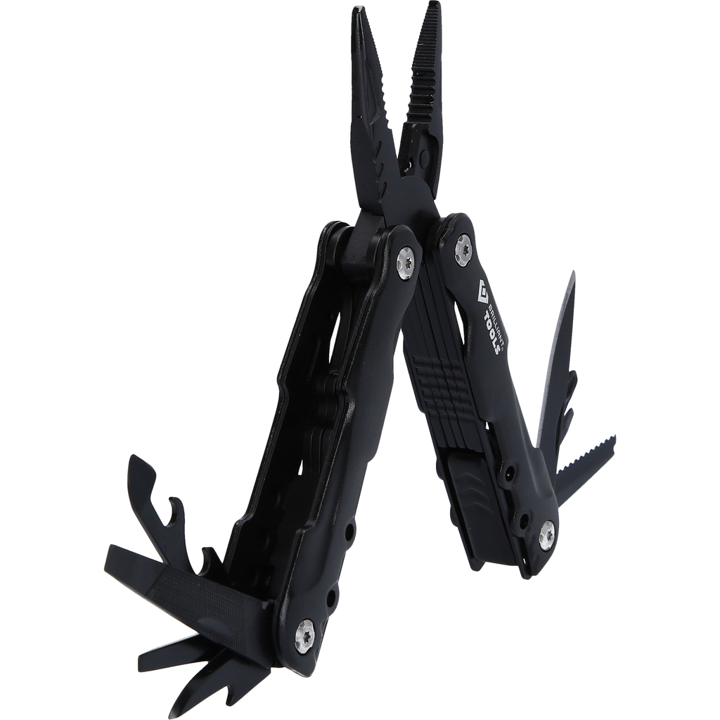 Ein schwarzes Multitool mit geöffneten Zangen, Messer und anderen Werkzeugen.