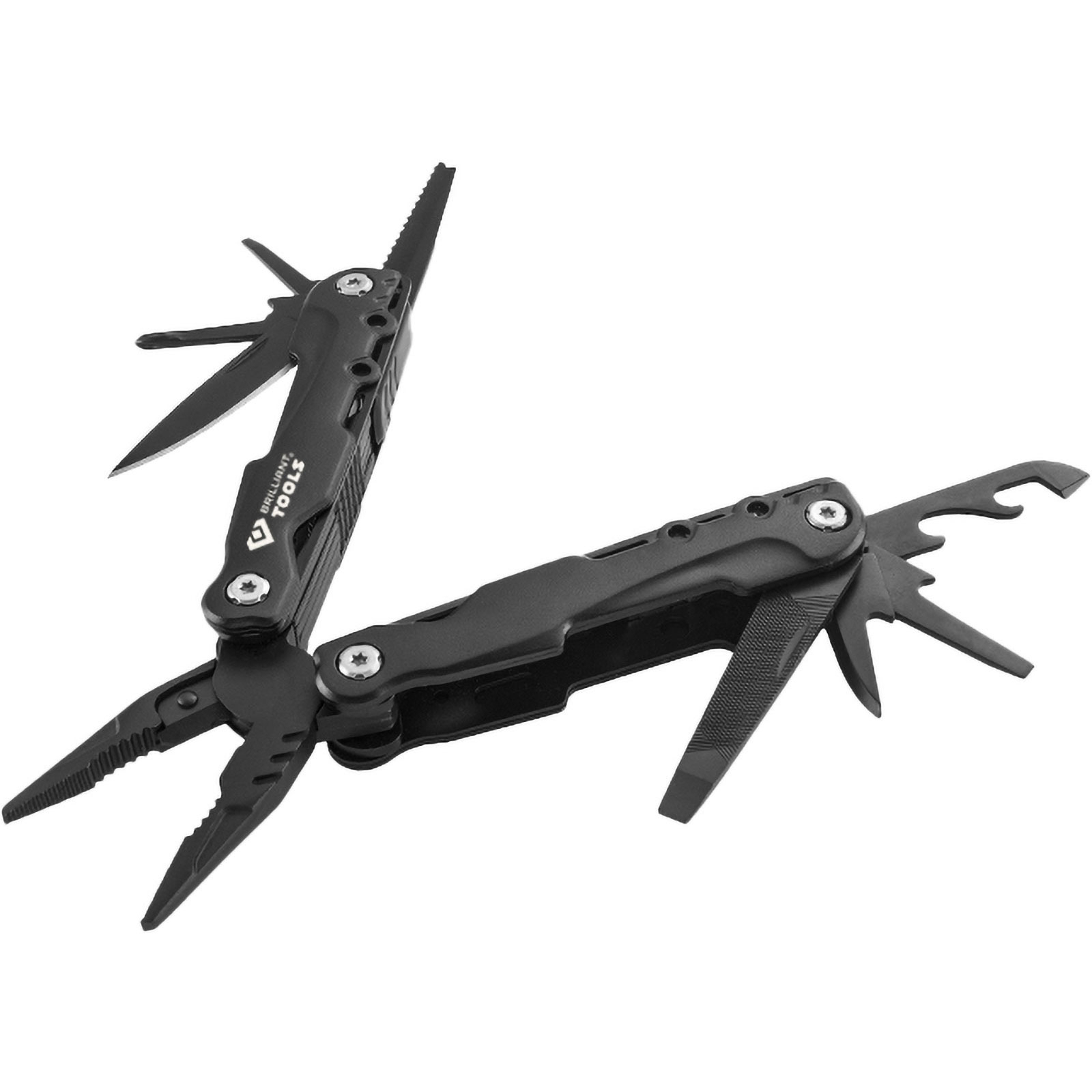 Ein schwarzes Multitool mit ausgeklappten Zangen, Messer und Flaschenöffner.