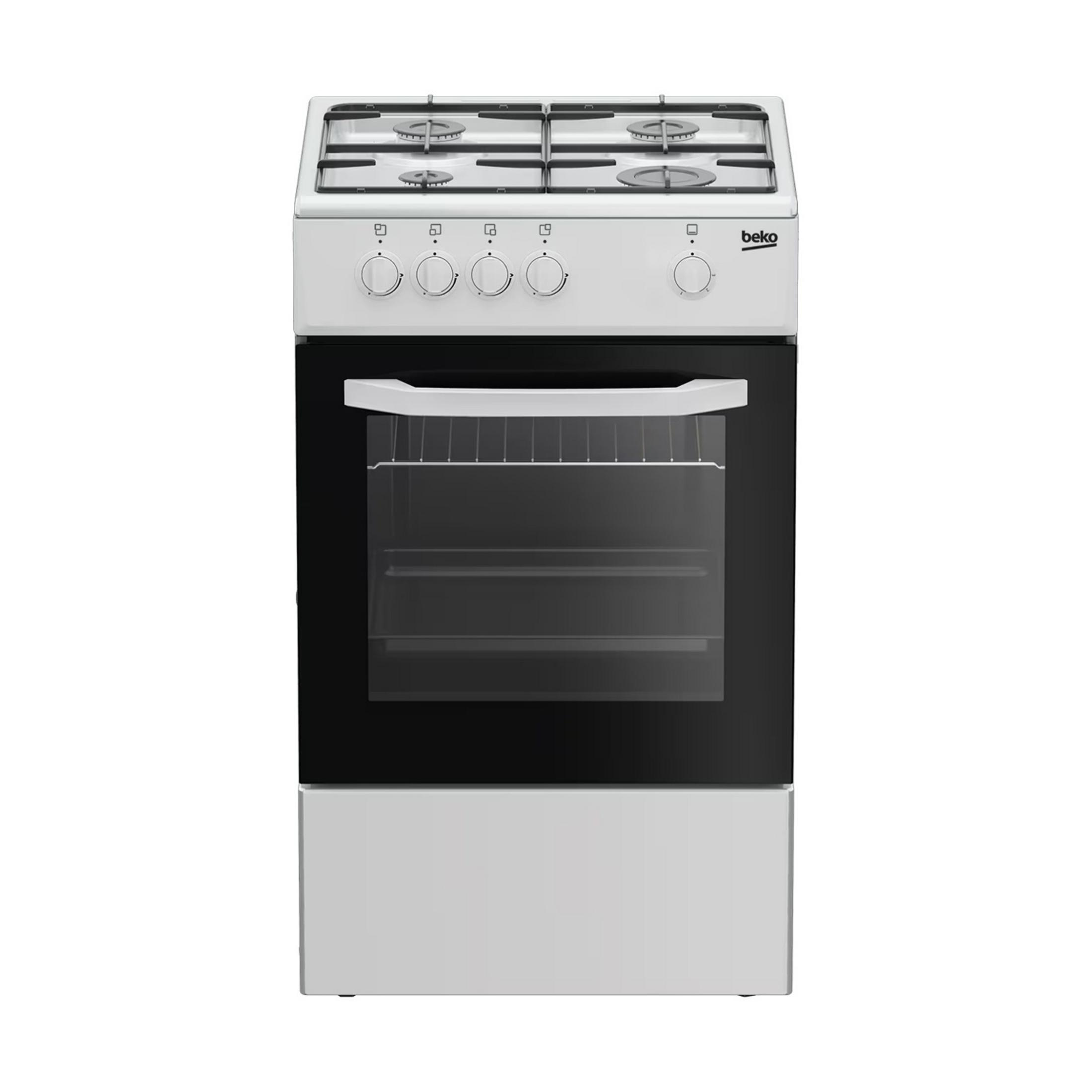 Un fornello a gas Beko bianco con quattro bruciatori e un forno.