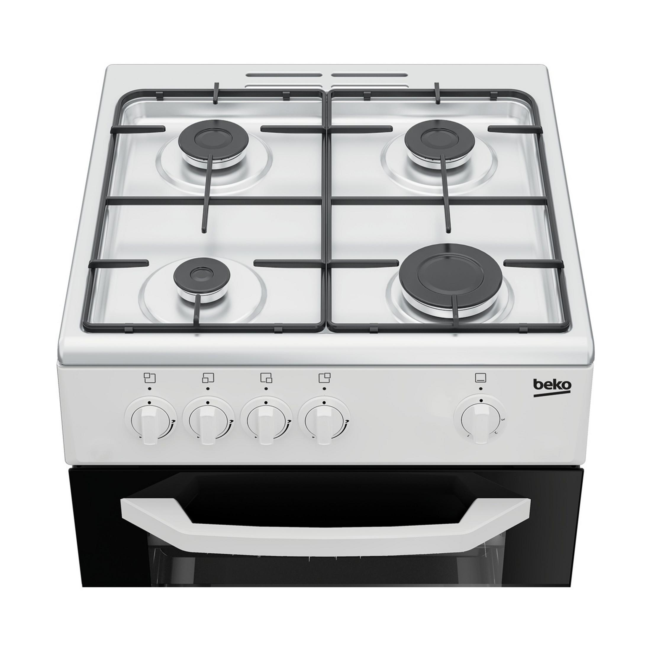 Un fornello a gas bianco con quattro fuochi e porta del forno nera.