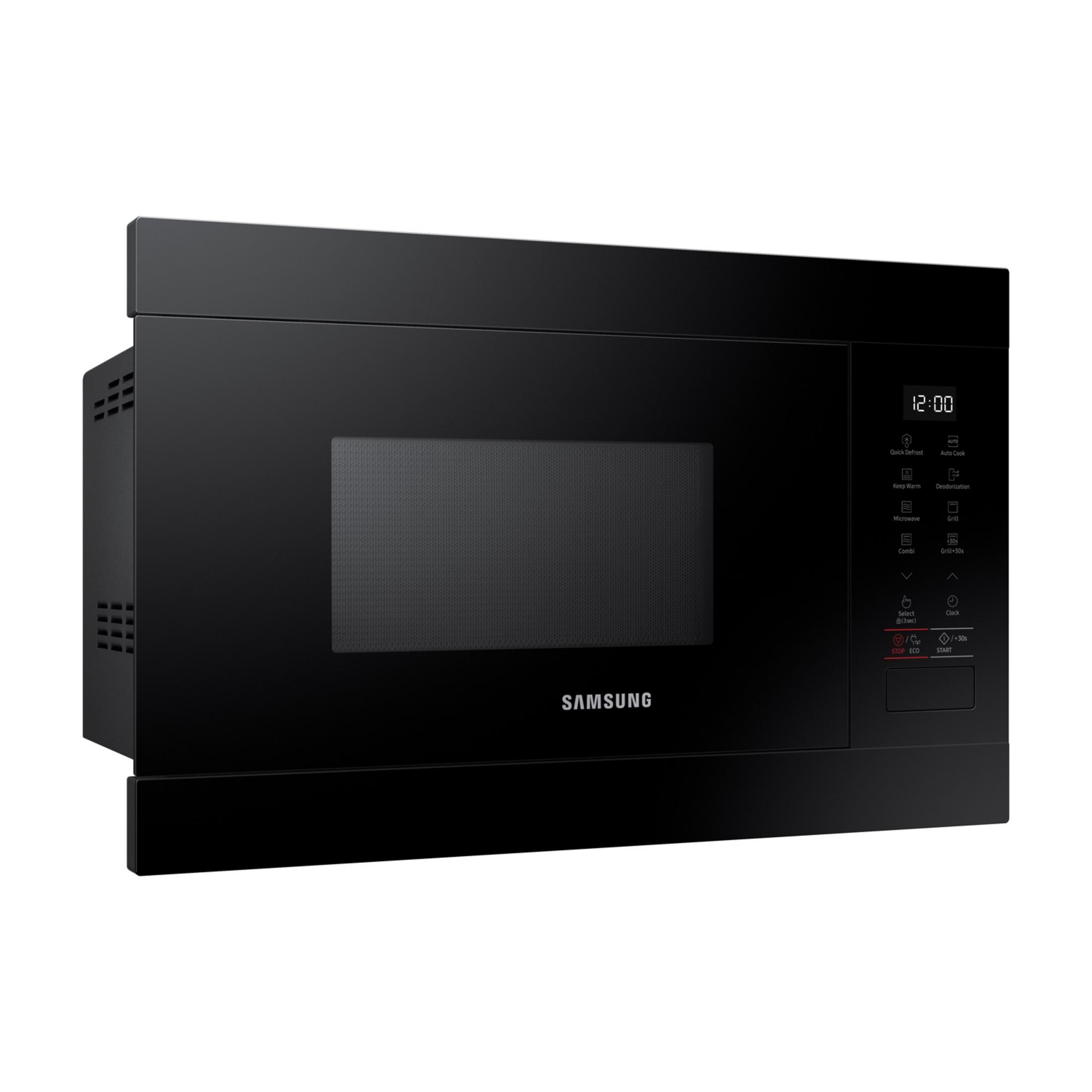 Forno a microonde Samsung nero con display digitale e pannello di controllo.