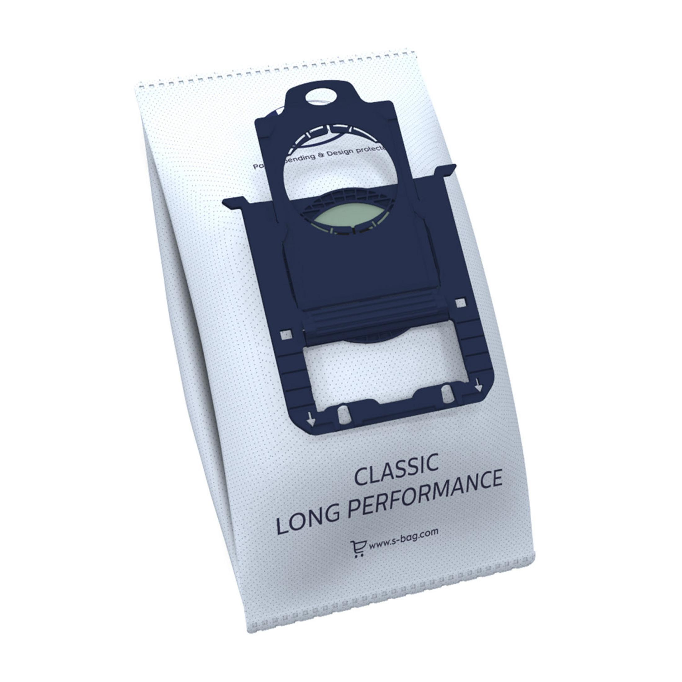 Ein weißer Staubbeutel mit einem blauen Verschluss und der Aufschrift "CLASSIC LONG PERFORMANCE".