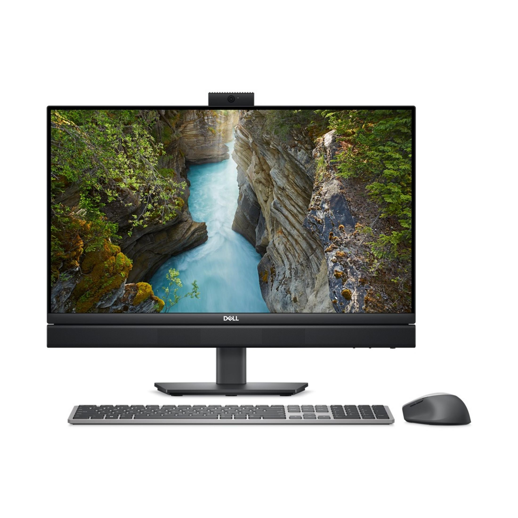 Un computer all-in-one Dell con schermo orizzontale, tastiera e mouse.