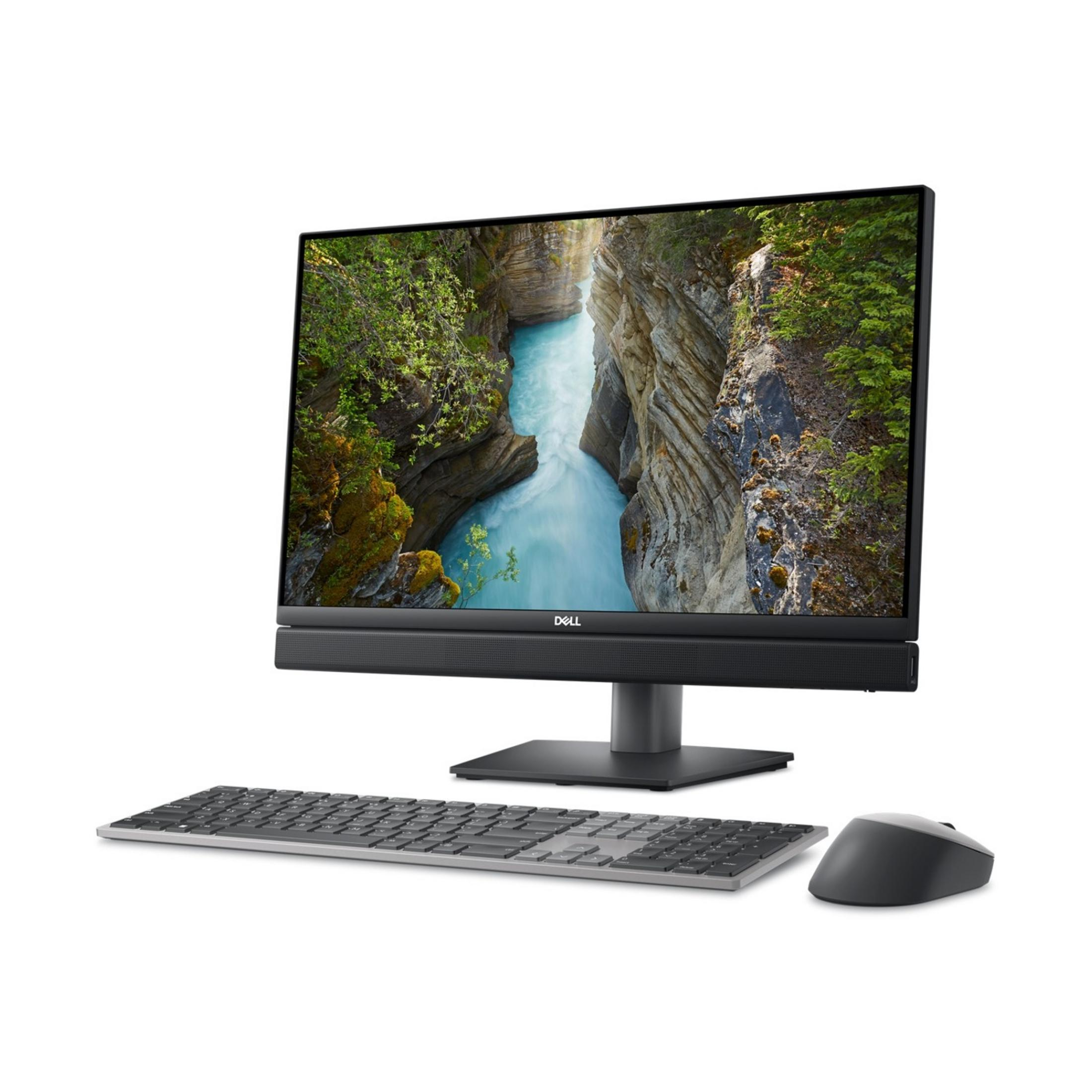 Un computer Dell All-in-One con tastiera e mouse su sfondo bianco.