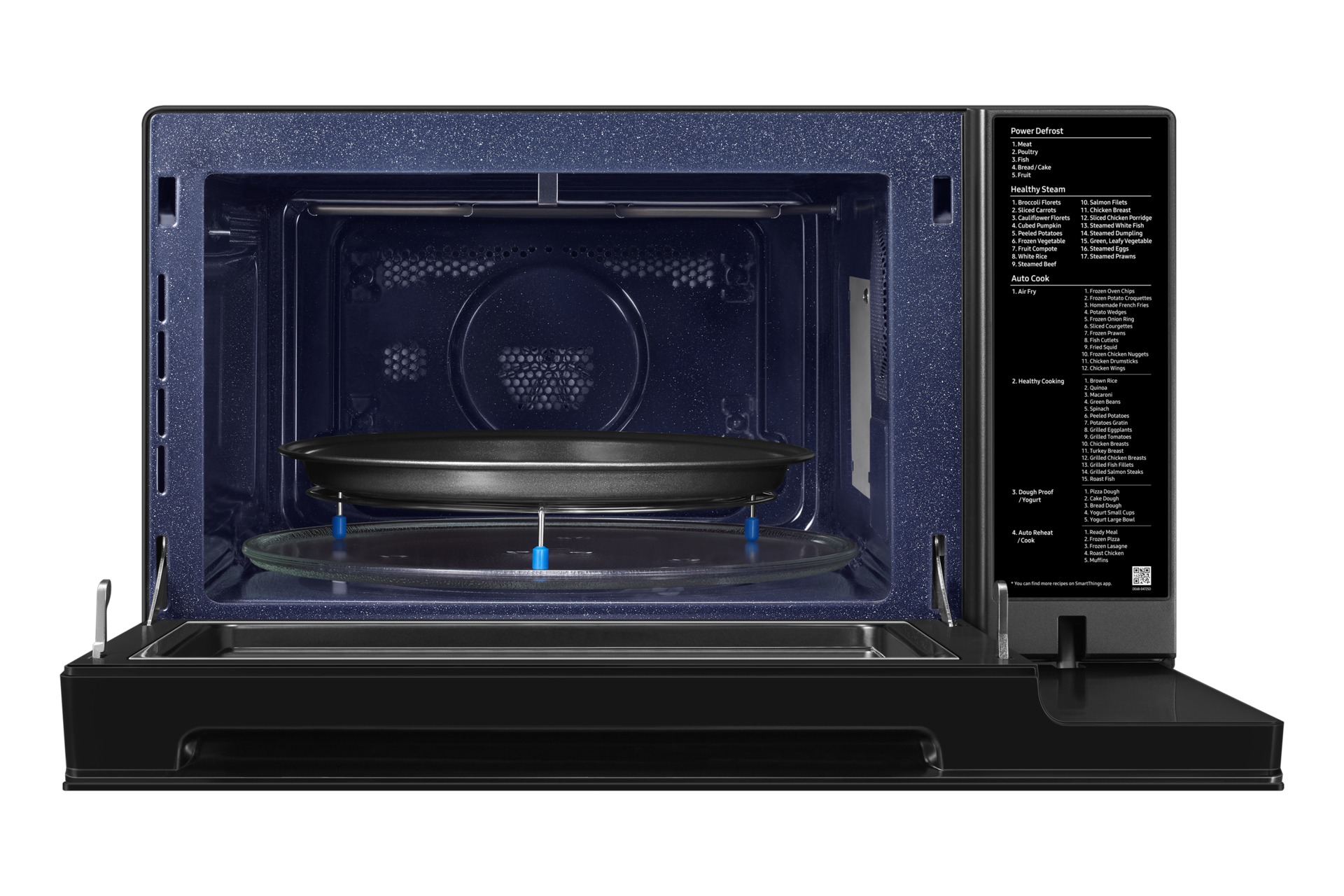Otwarte wnętrze kuchenki mikrofalowej z szklanym talerzem obrotowym i czarną kratką.