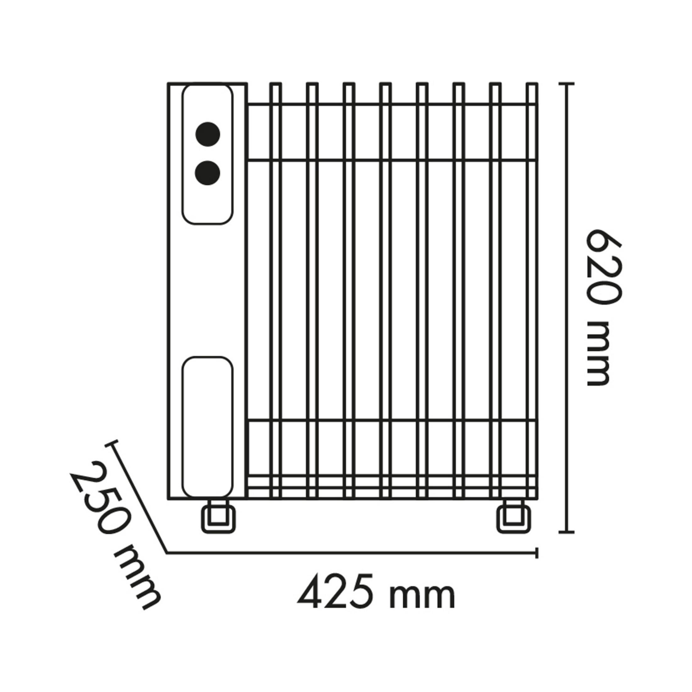 Rysunek liniowy grzejnika z wymiarami: szerokość 425 mm, głębokość 250 mm, wysokość 620 mm.