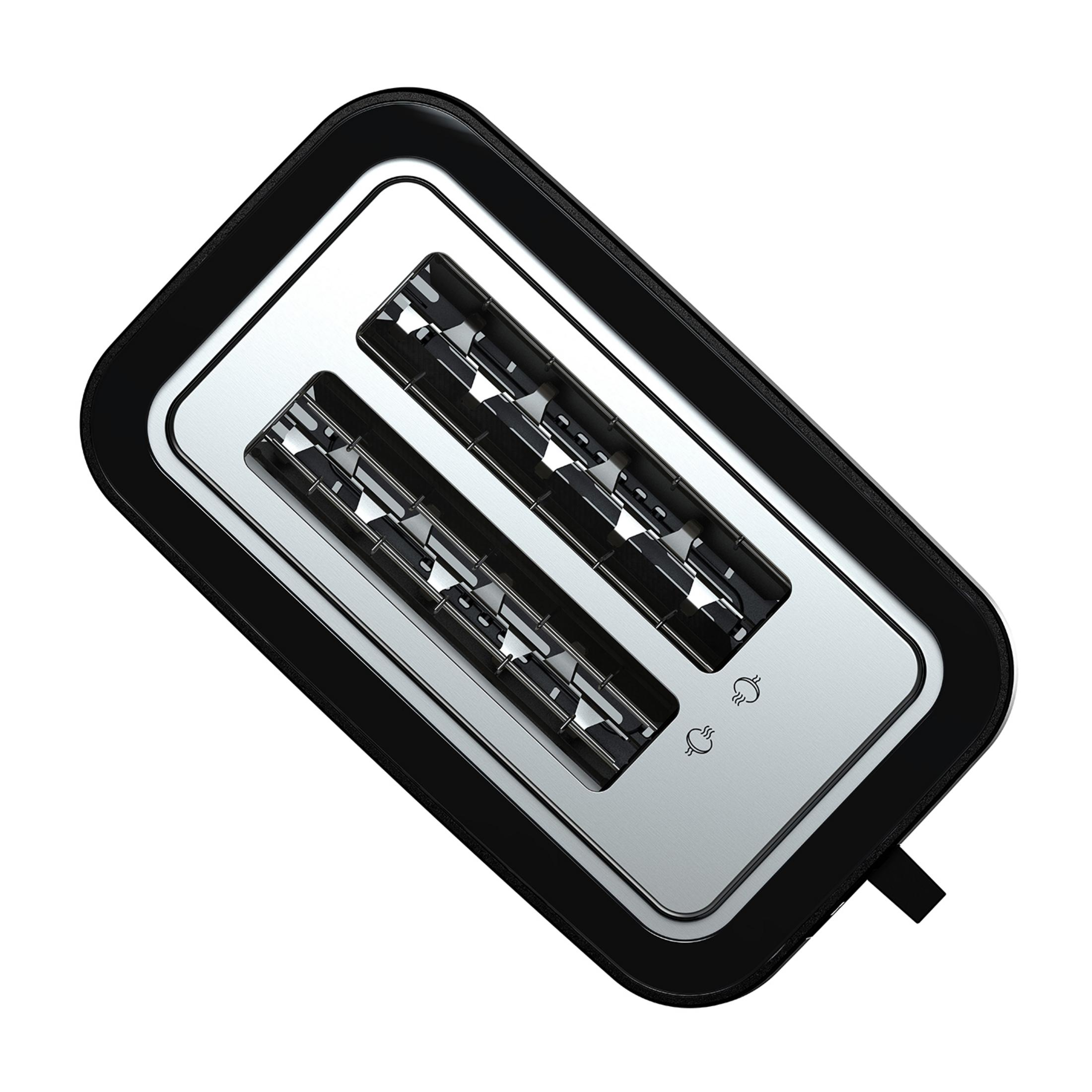 Czarny toster z dwoma szczelinami i srebrnym blatem.