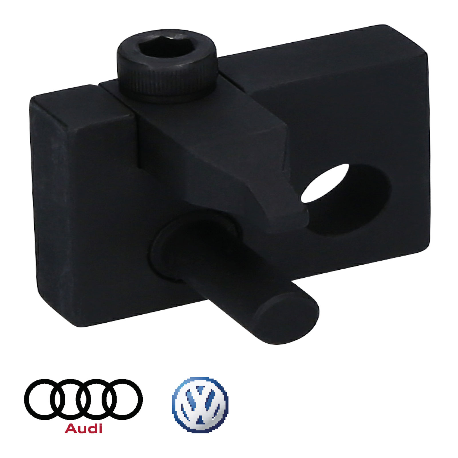 Schwarzes Werkzeug mit Audi- und VW-Logos darunter.
