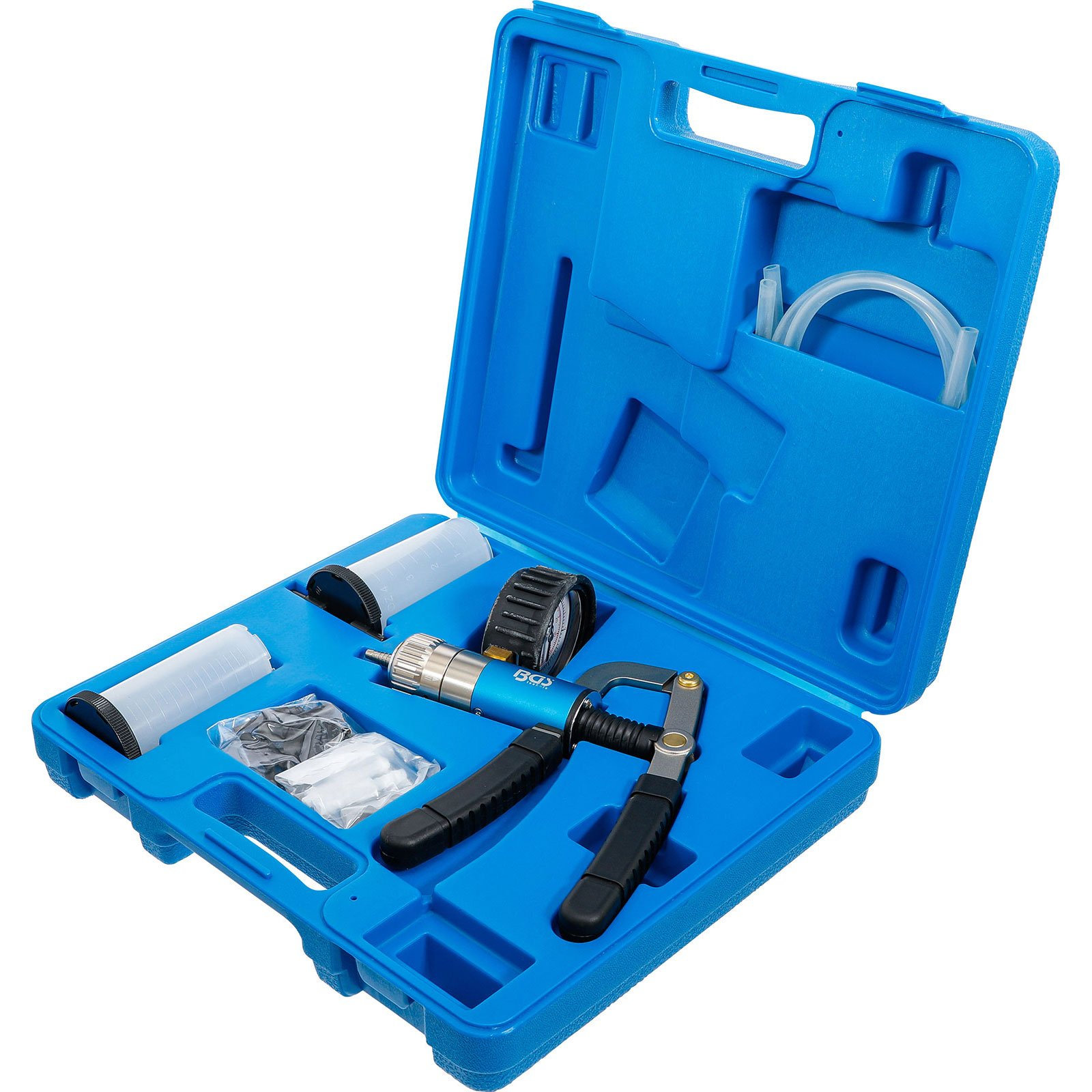 Ein blaues Werkzeugkoffer-Set mit einem Vakuummeter und Schläuchen.