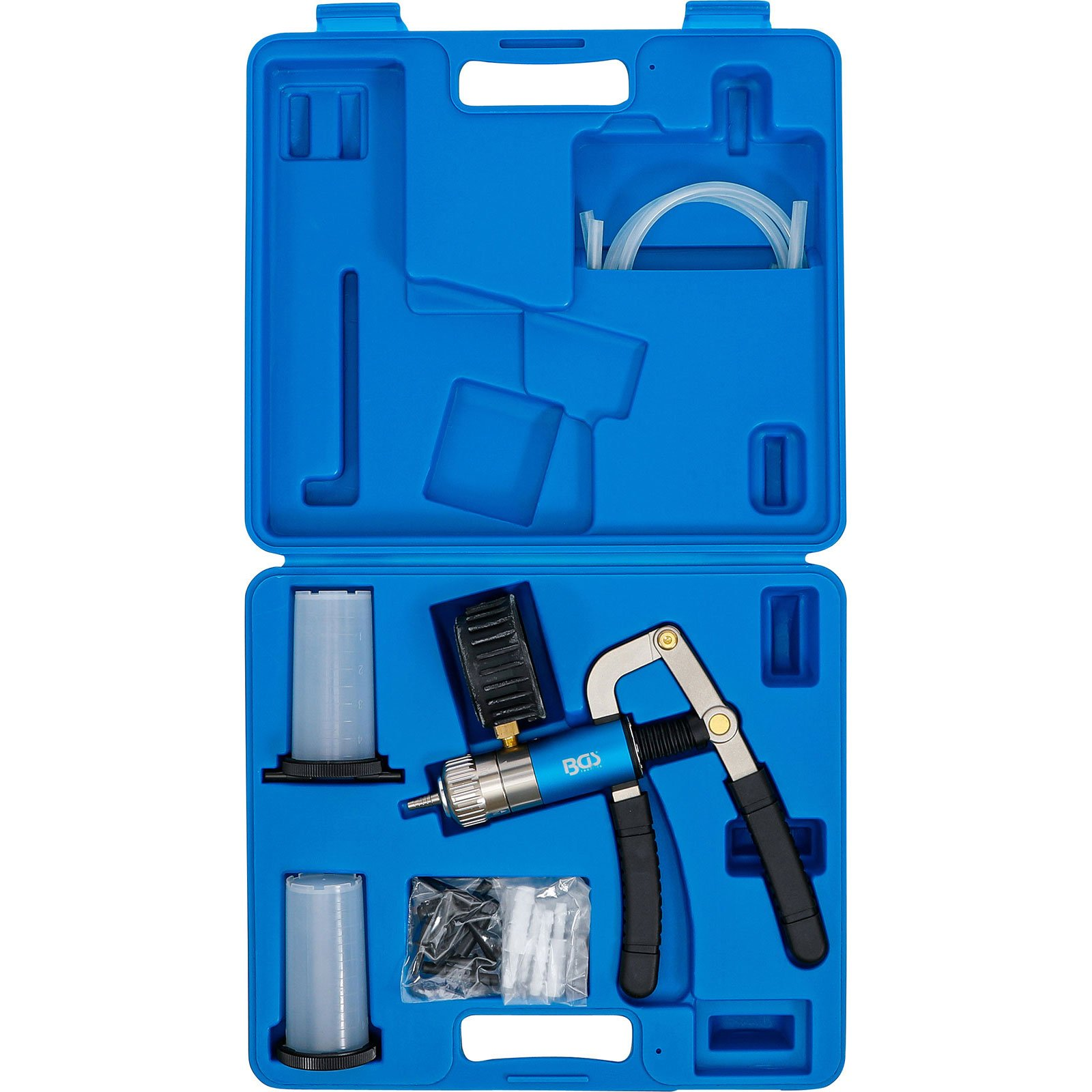 Blauer Werkzeugkasten mit Vakuum-Pumpen-Set, Messbechern und Schläuchen.