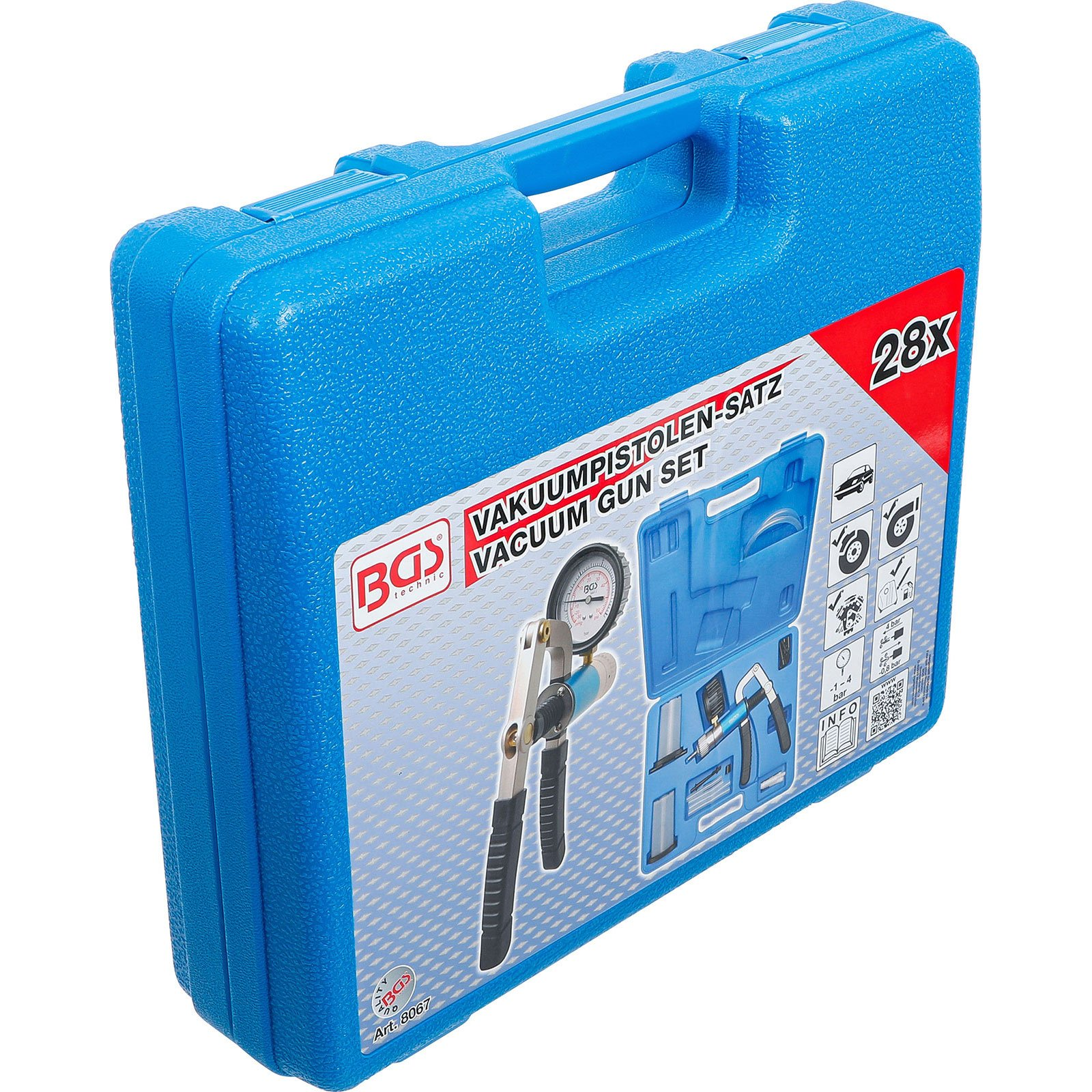 Blauer Koffer mit Vakuum-Set, inklusive Manometer und Griff.