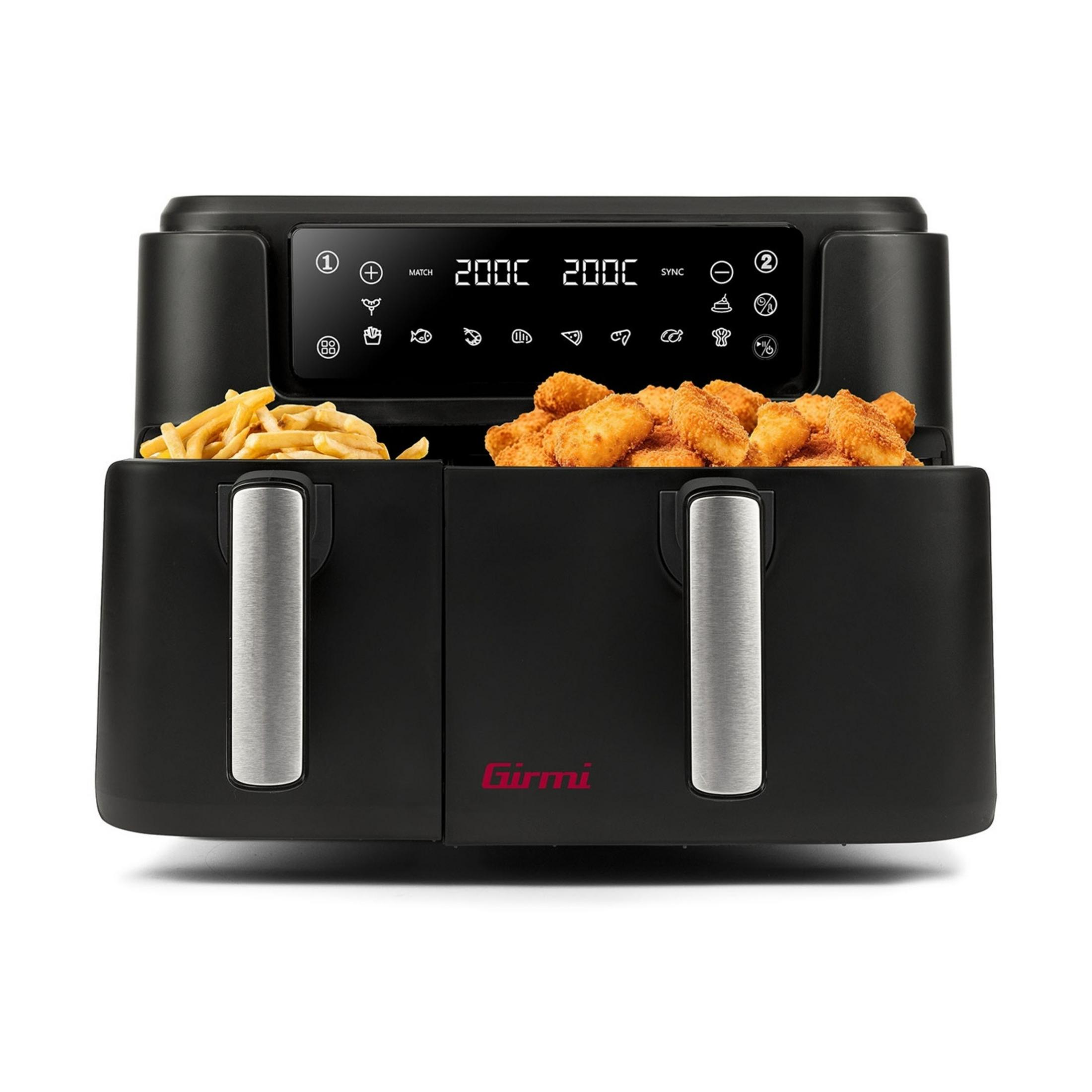 Czarna podwójna frytkownica beztłuszczowa z koszami pełnymi frytek i nuggetów.