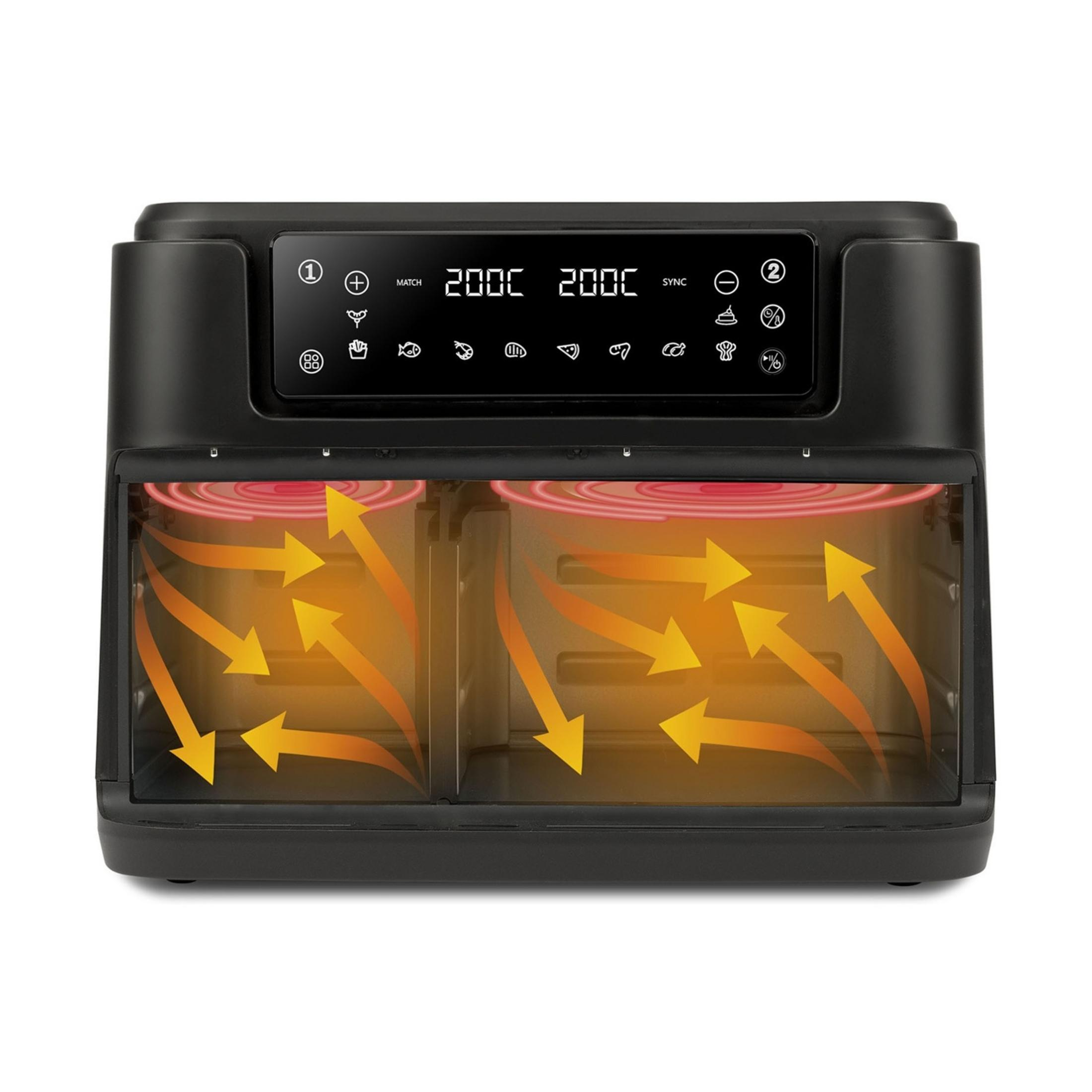 Podwójna frytkownica beztłuszczowa z dwoma komorami, pokazująca grzanie.