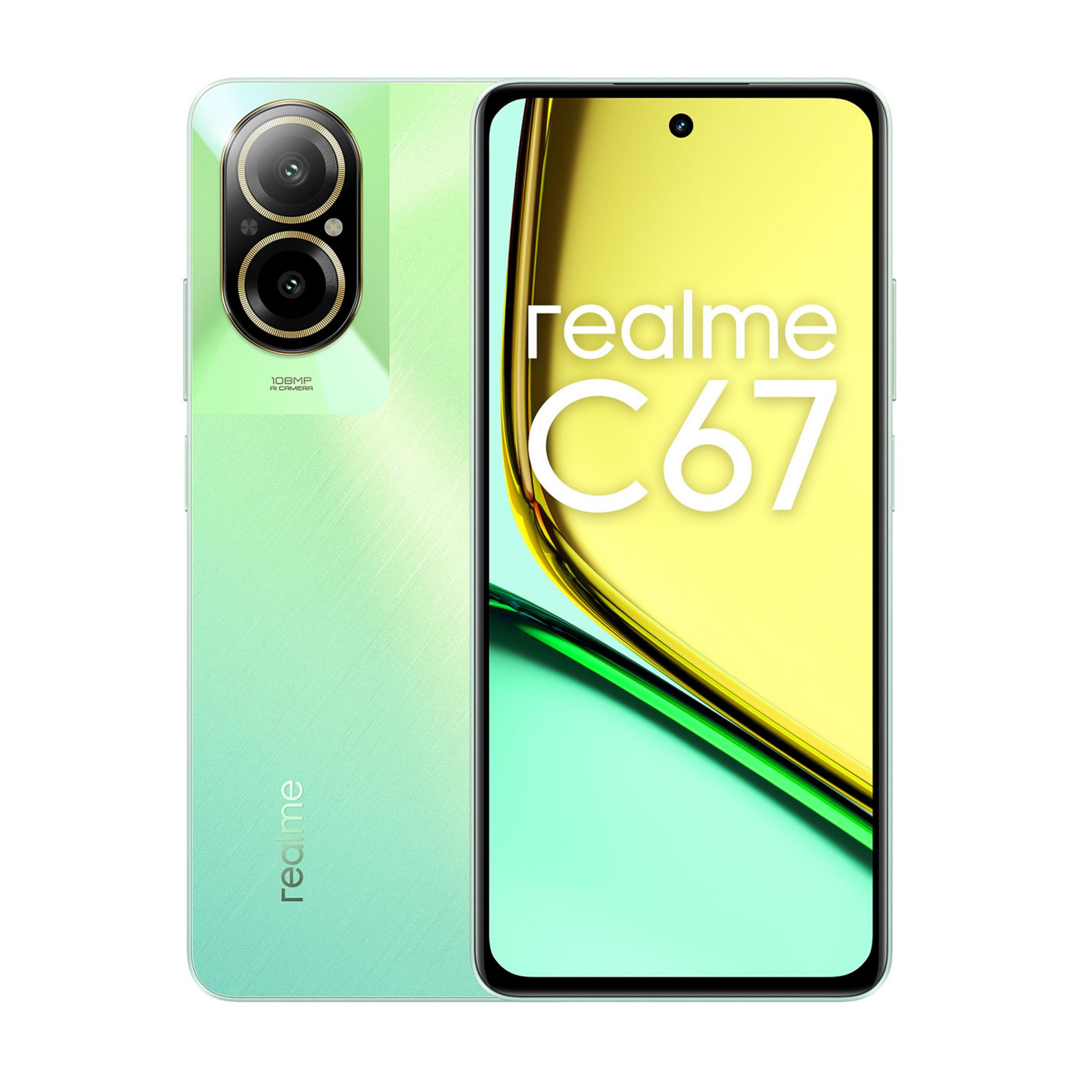 Jasnozielony smartfon z napisem „realme C67” na ekranie.