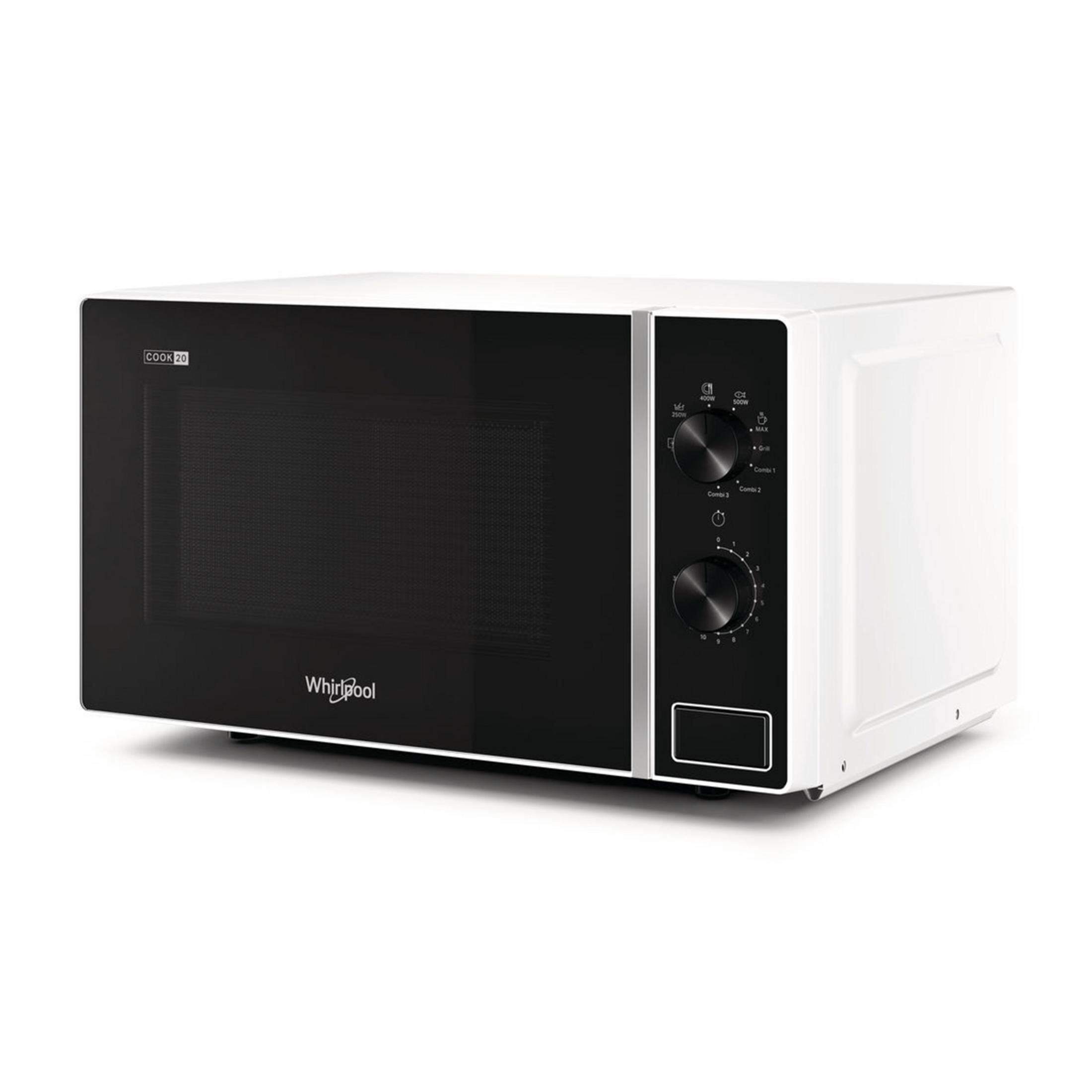 Biała kuchenka mikrofalowa z czarnymi drzwiami i panelem sterowania z pokrętłami.